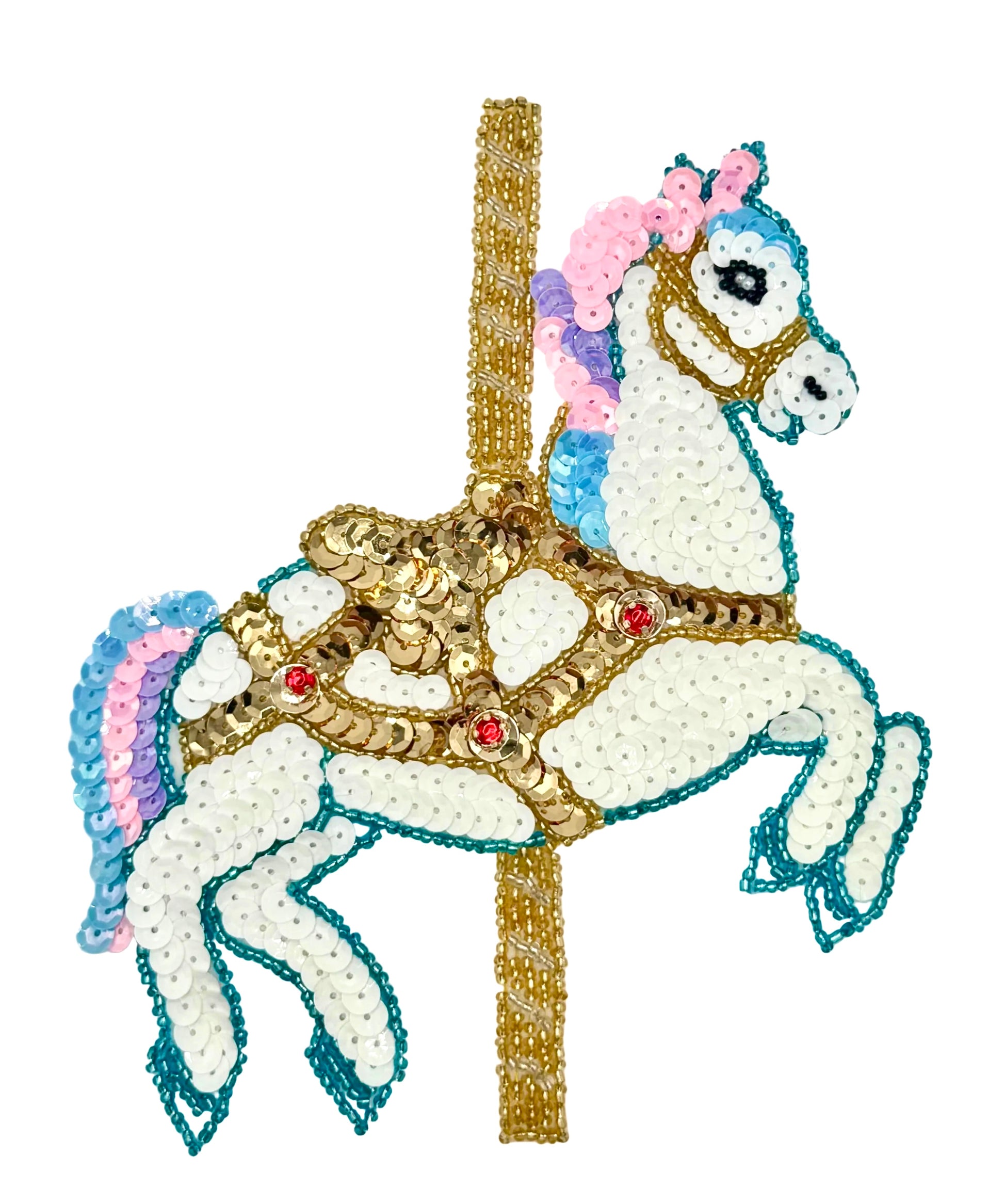 Decorative carouse horse patch with sequins on a white background