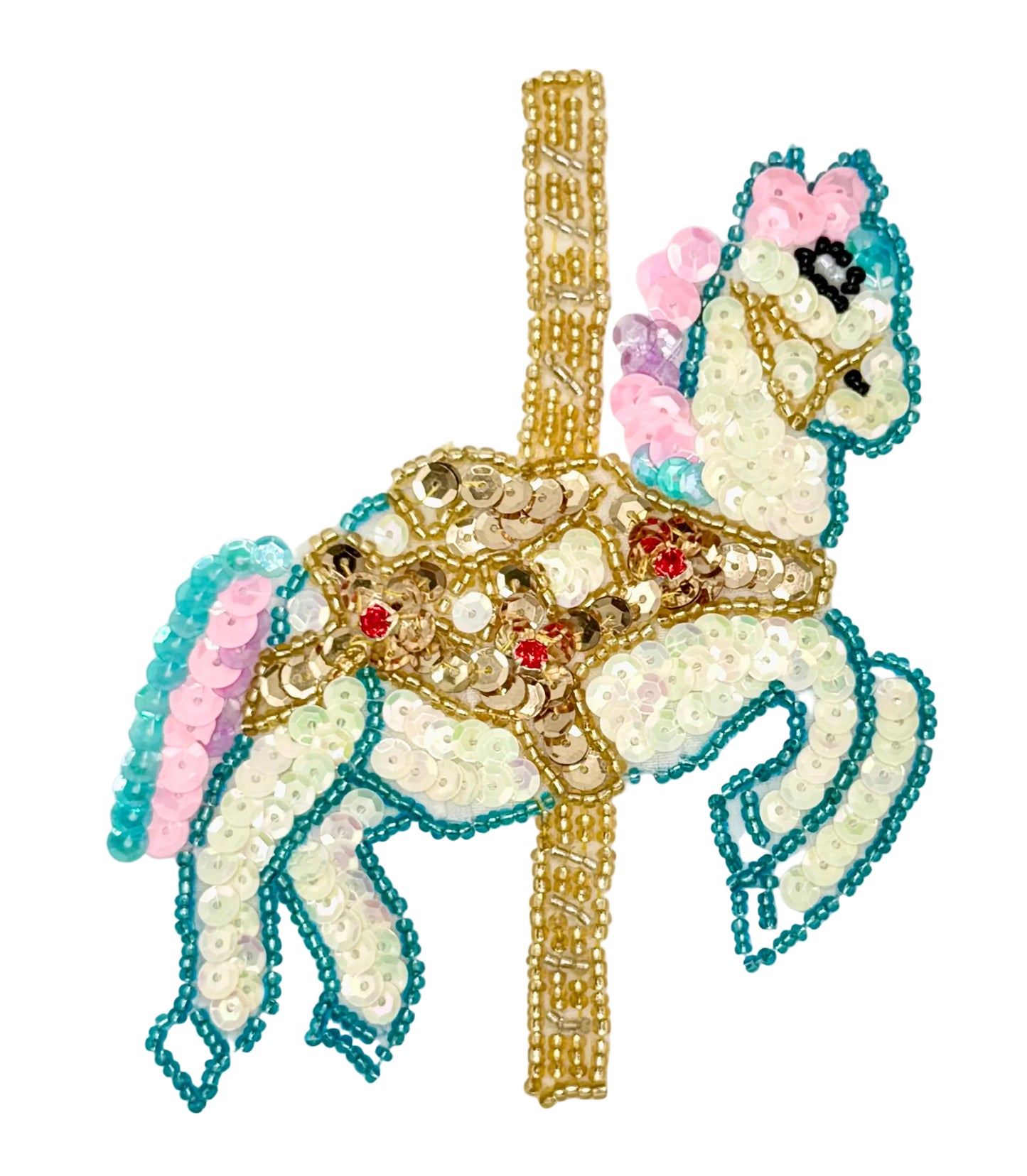 Carousel horse patch with beads and sequins on a white background