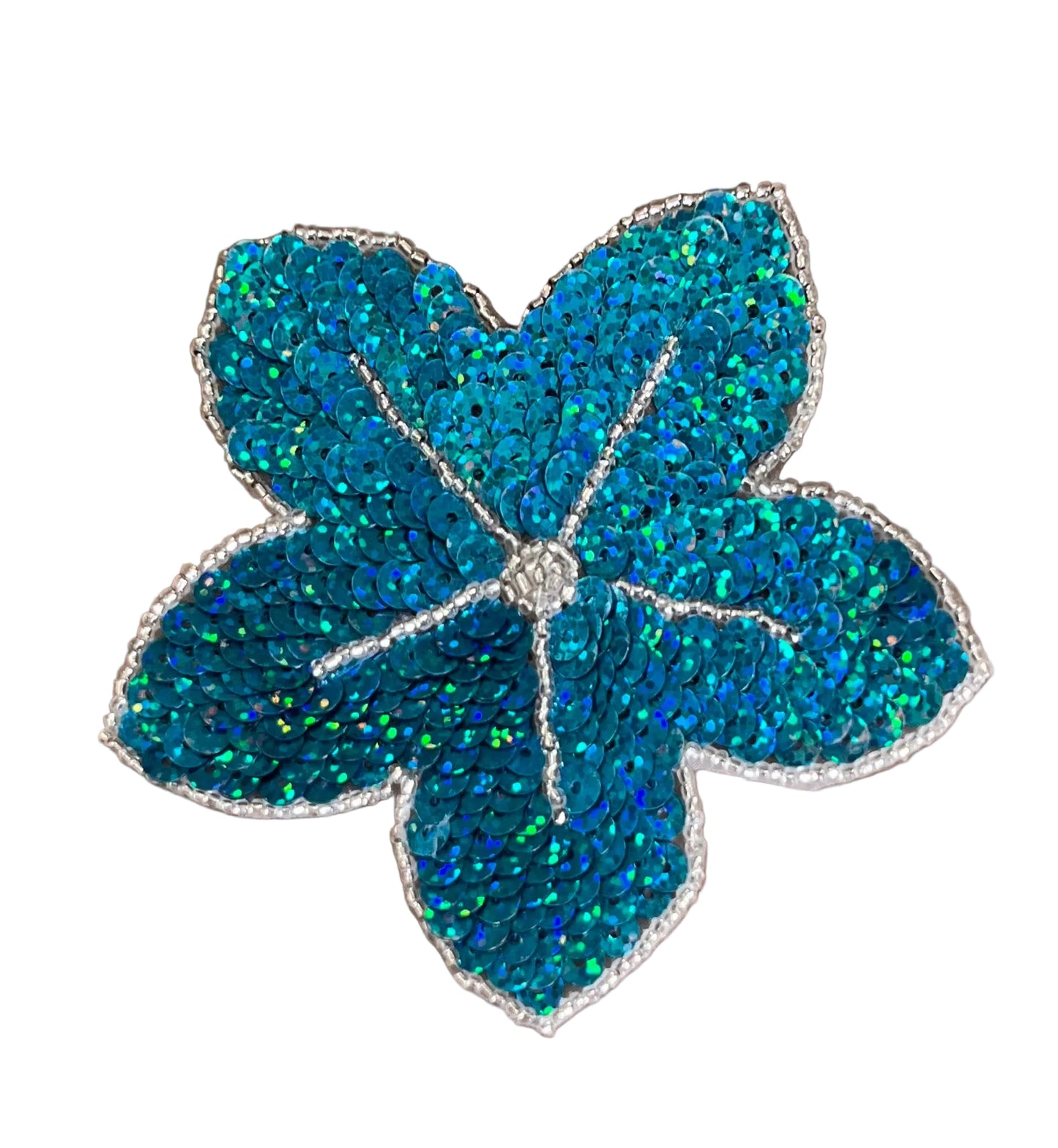 Flor con Foco Láser Turquesa con Lentejuelas y Cuentas Plateadas 4.25" x 4.25"