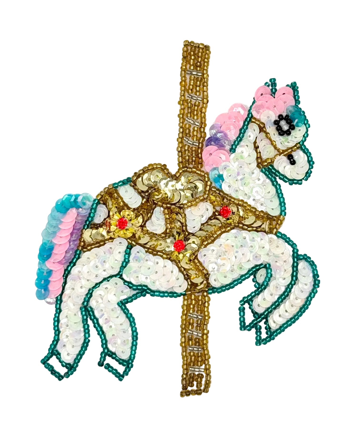 Carousel horse patch with sequins and beadwork on a white background