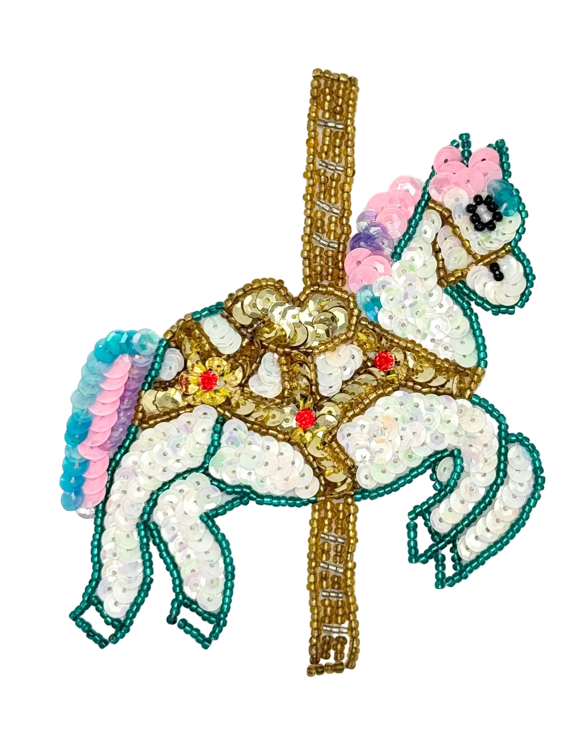 Carousel horse patch with sequins and beadwork on a white background