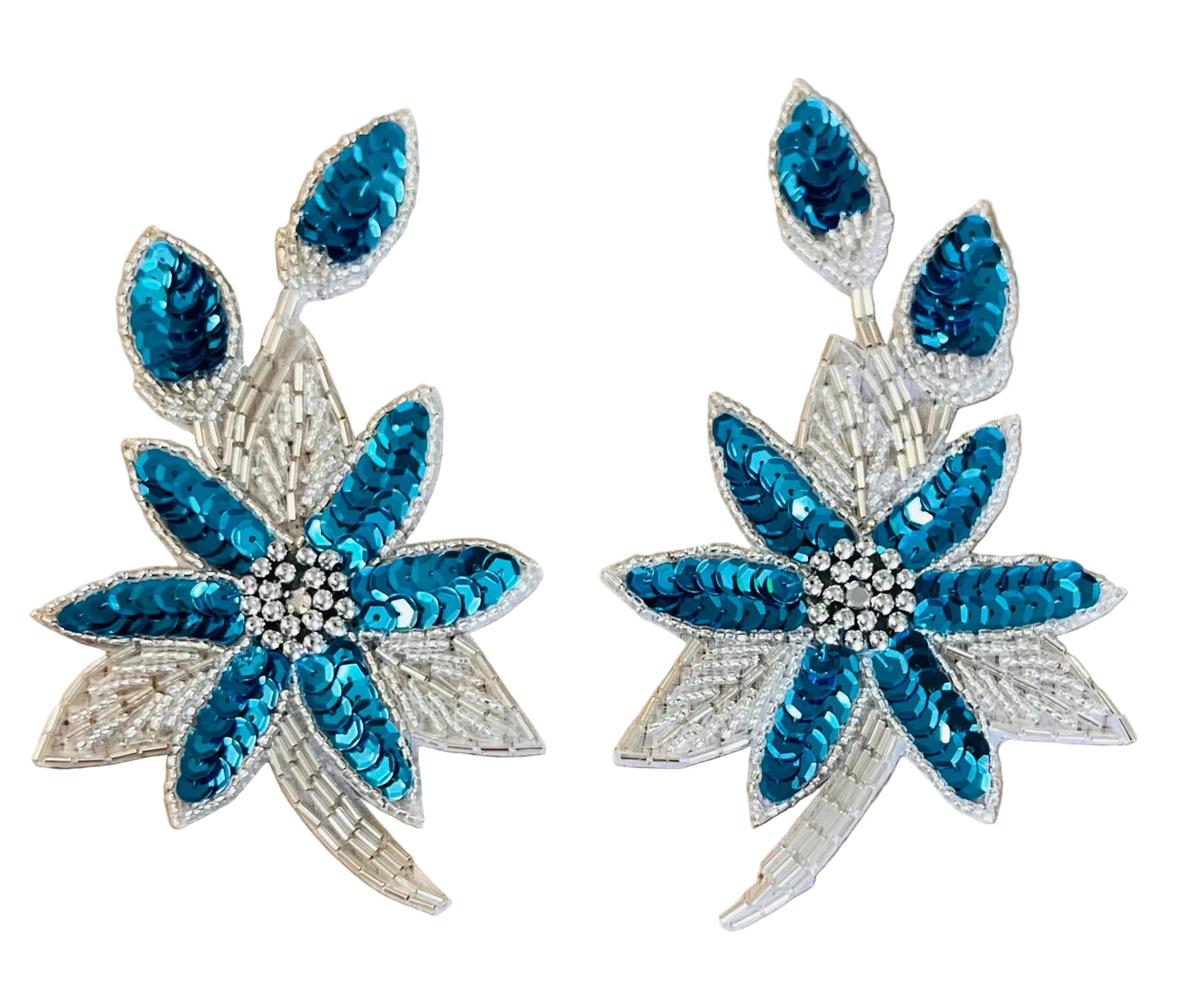 Flower Pair and Singles Turquoise Sequins and Silver Beads 5.5" x 3.5"