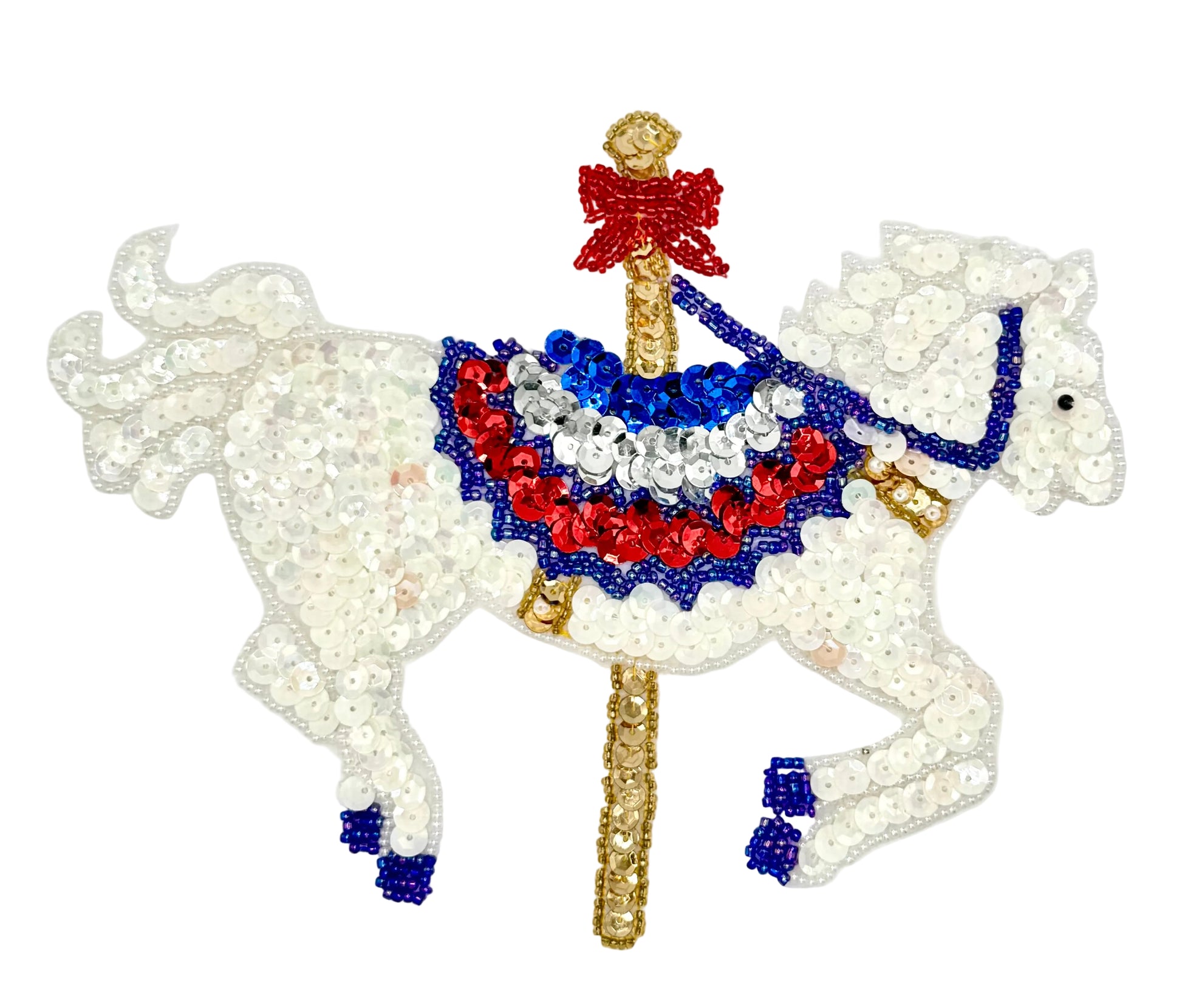 Carousel horse with red, white, and blue sequins and beads on a white background