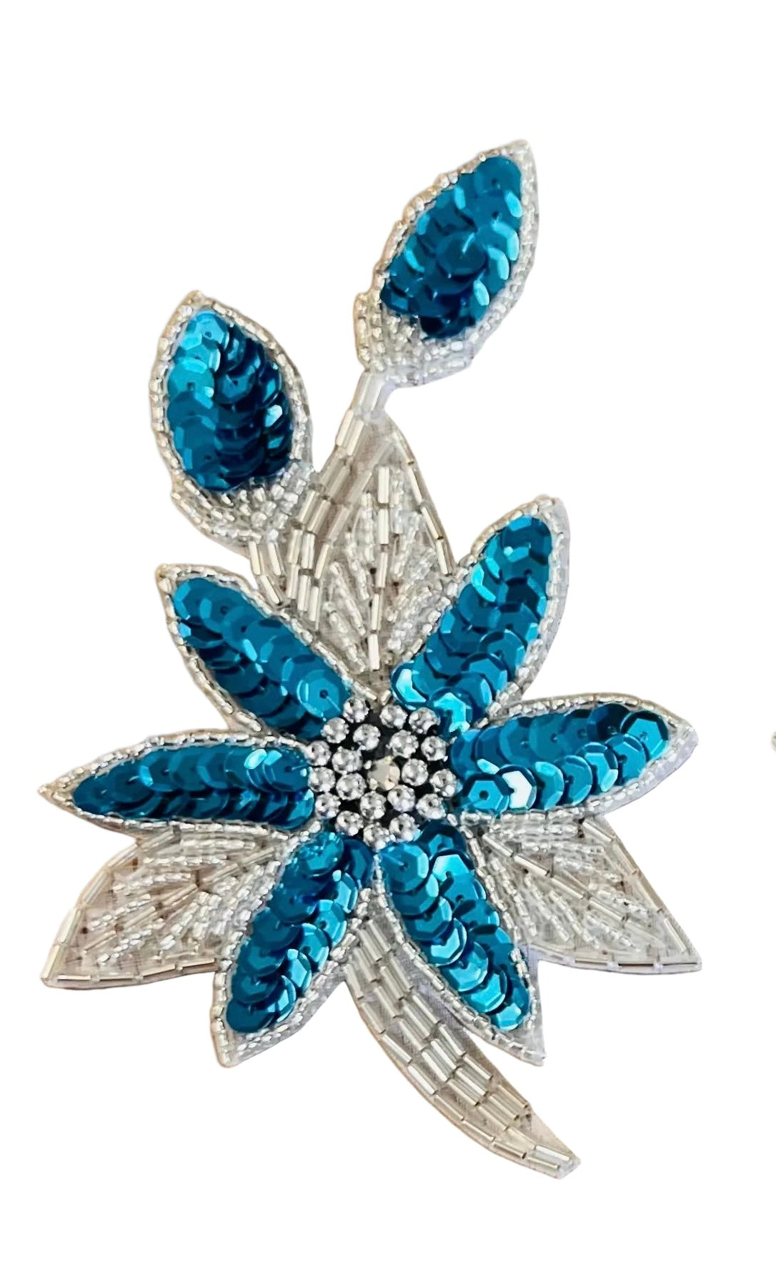 Flower Pair and Singles Turquoise Sequins and Silver Beads 5.5" x 3.5"