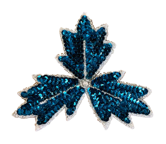 Leaf With Dark Turquoise Sequins - Silver Beads -  Gem in Center  5" x 5"
