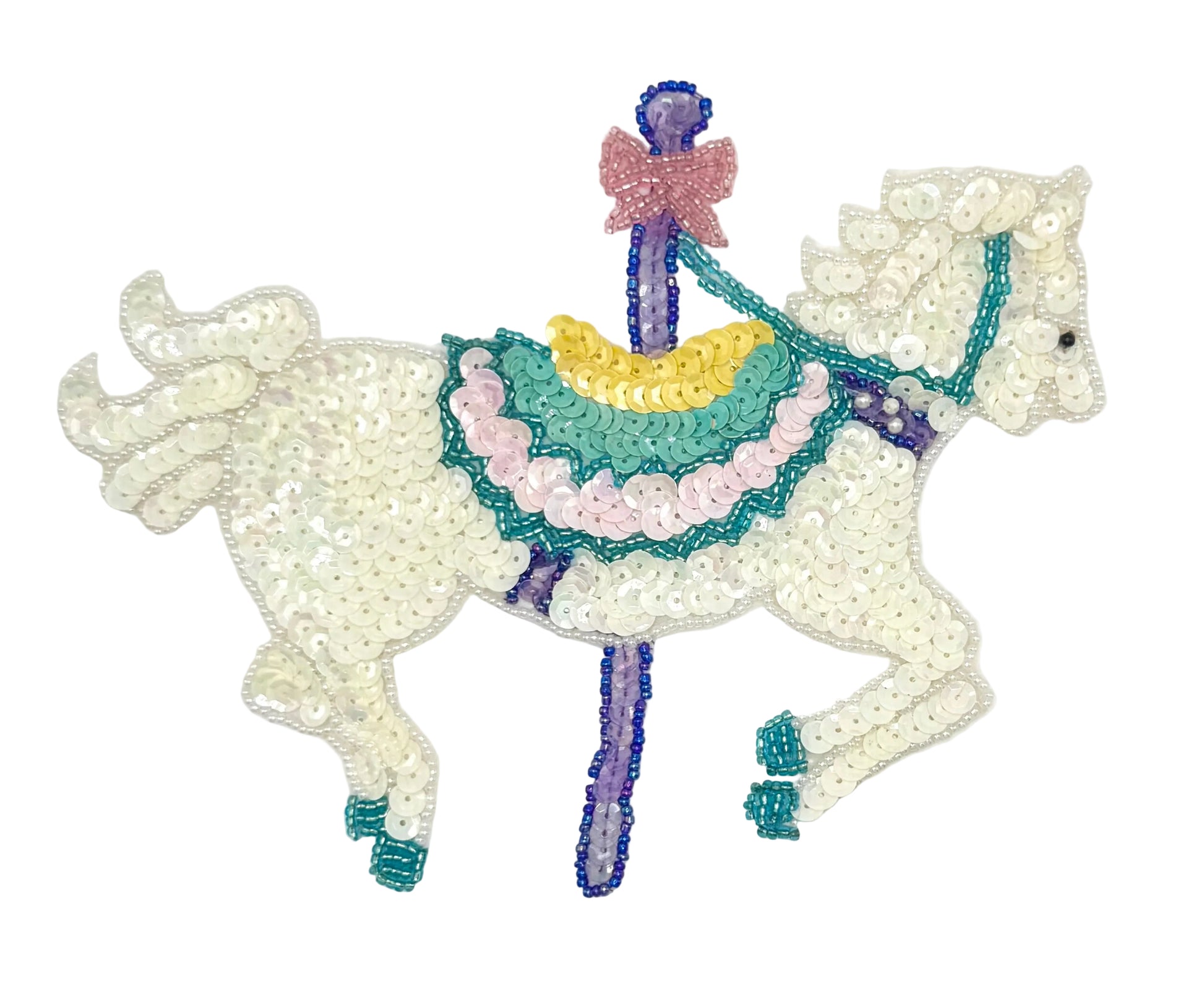 Sequin carousel horse with sequins and beads on a white background