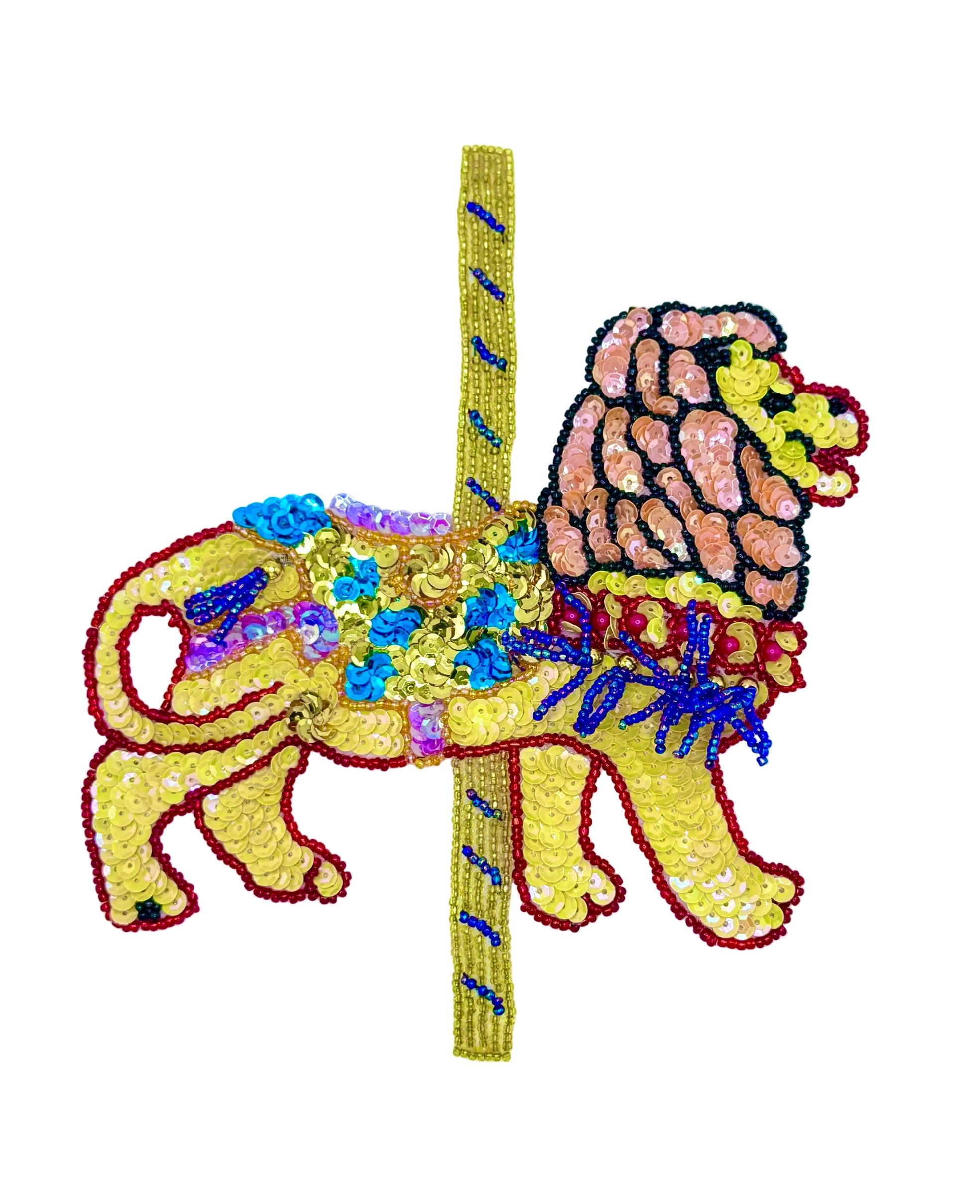 Carousel Lion patch with sequins and beads on a white background