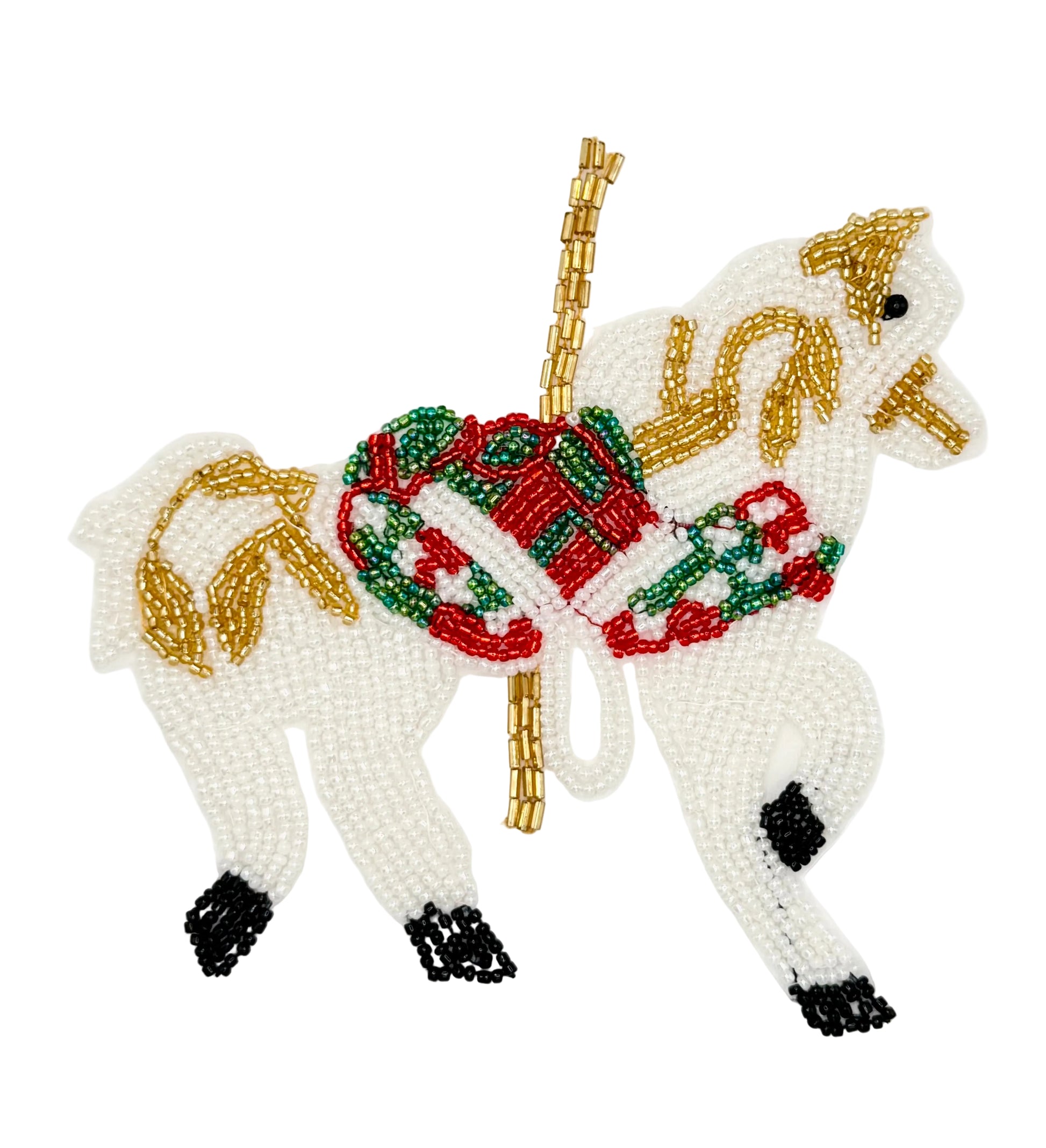Decorative carousel horse with candy multicolored glass beads on a white background