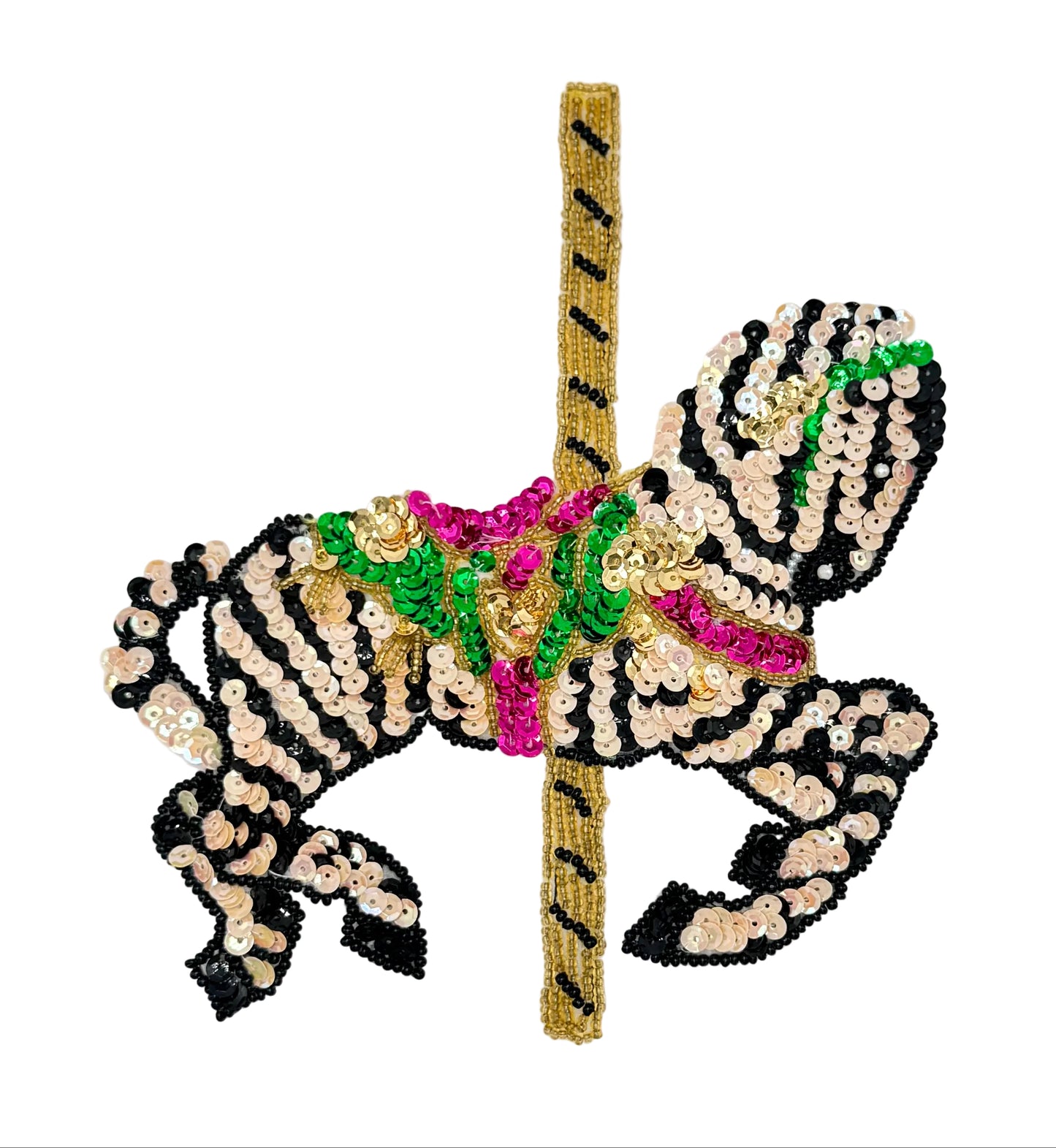 Sequined carousel zebra design with decorative elements on a white background