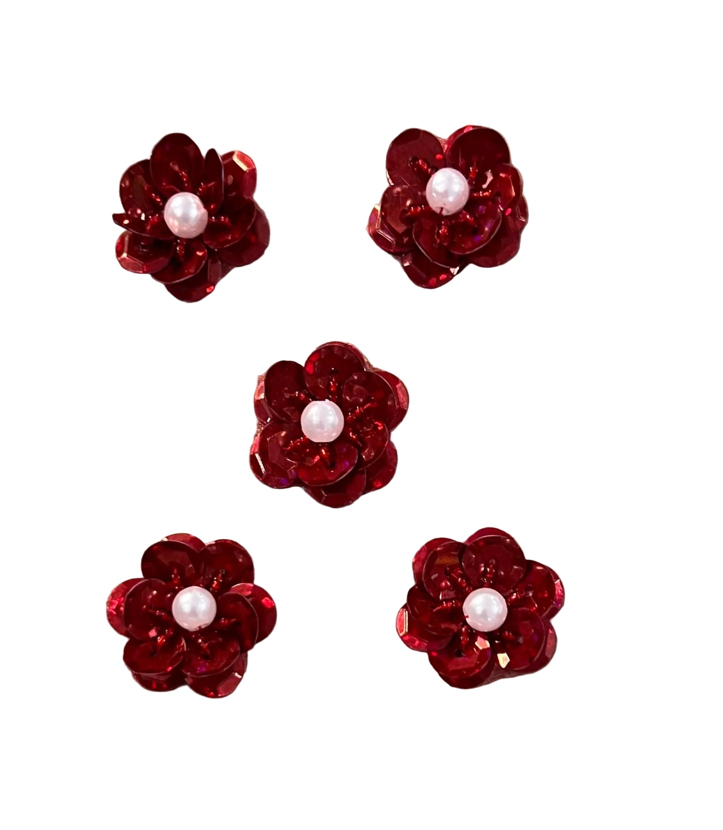 Juego de 5 flores rojas con centro de perla de 2.5 cm