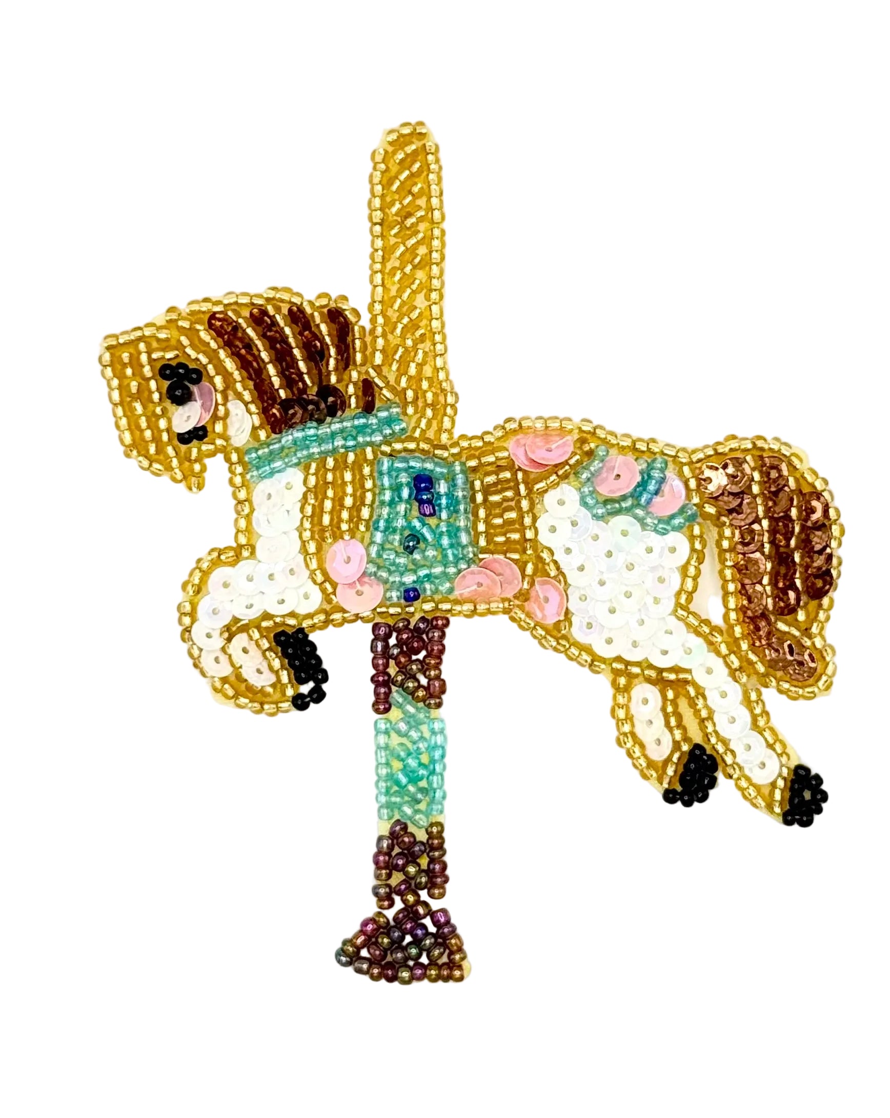 Sequin carousel horse  with beads and sequins on a white background