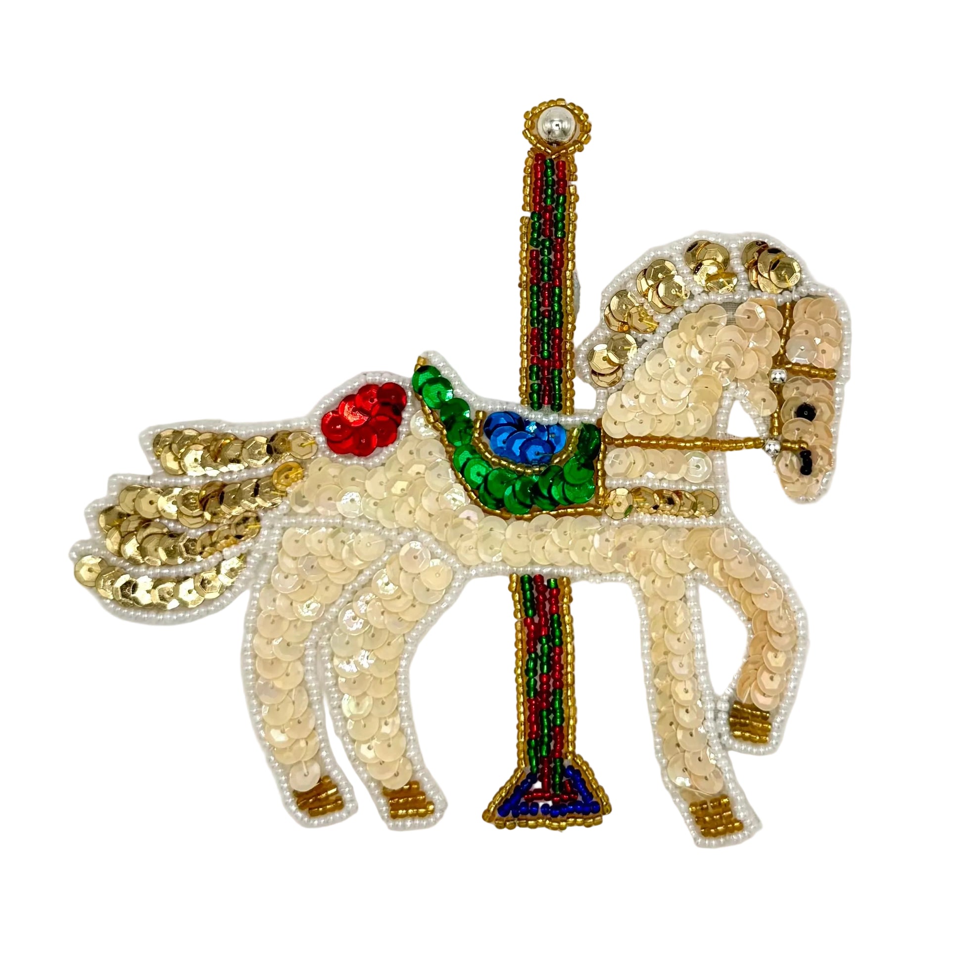 Sequin Carousel horse patch with sequins and beads on a white background
