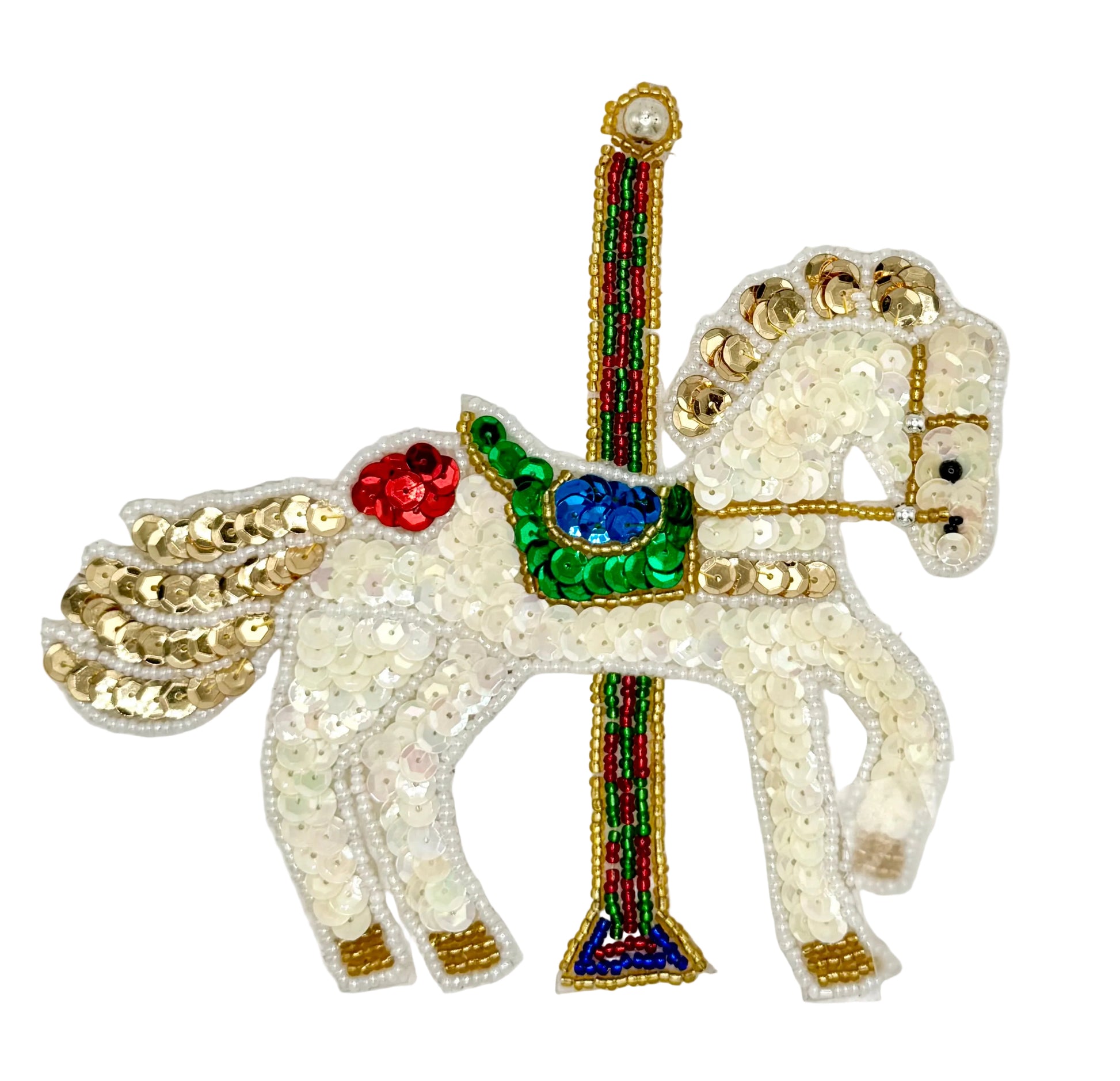 Sequin carousel horse patch with sequins and beads on a white background