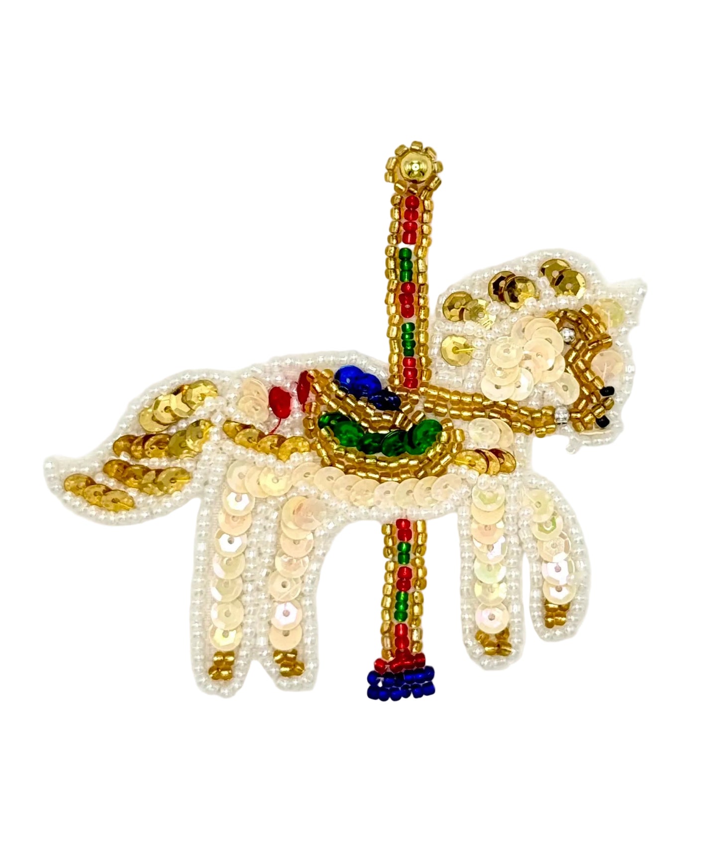 Sequin carousel horse with beads and sequins on a white background