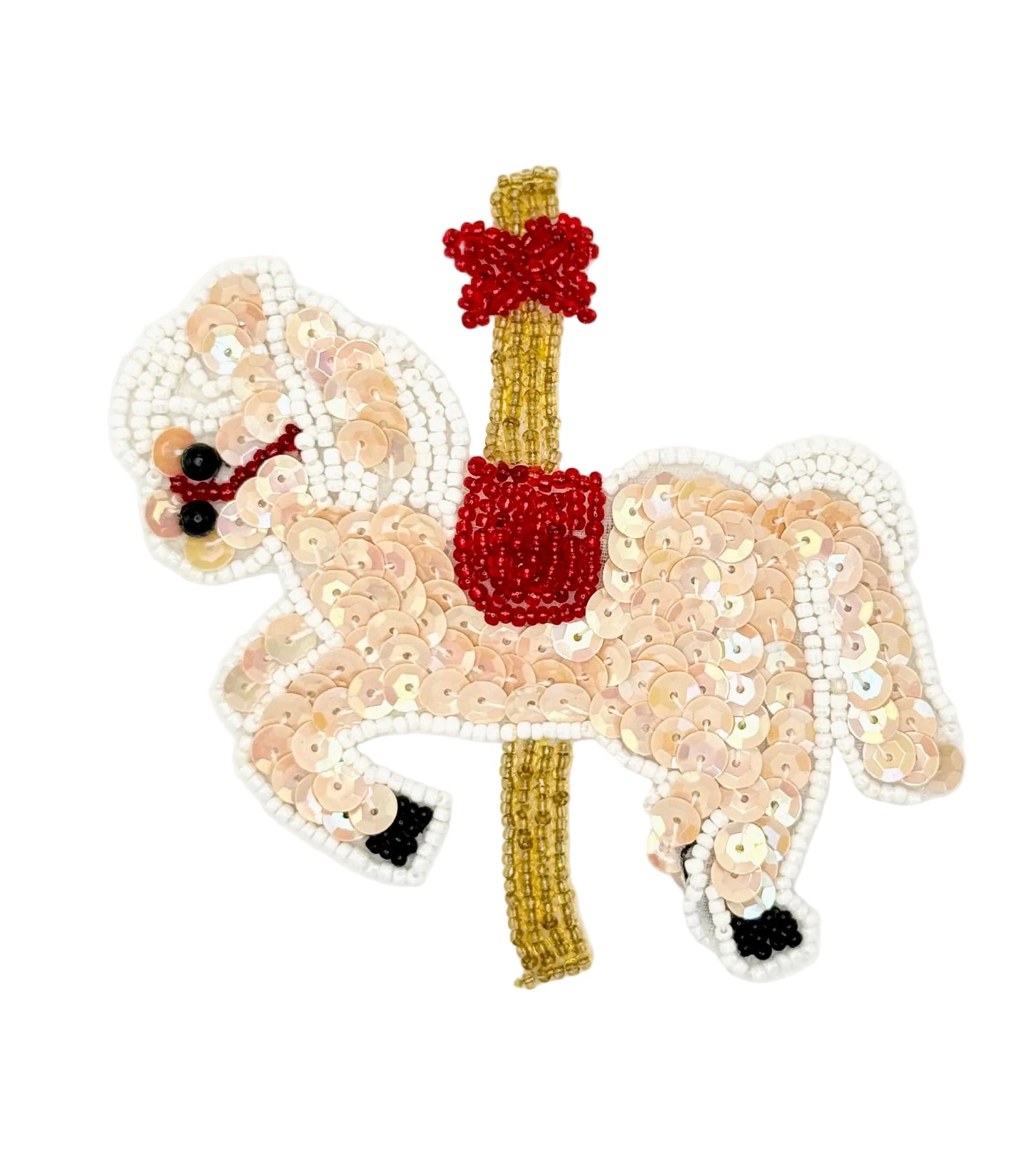 Sequin carousel horse with sequins and beads on a white background