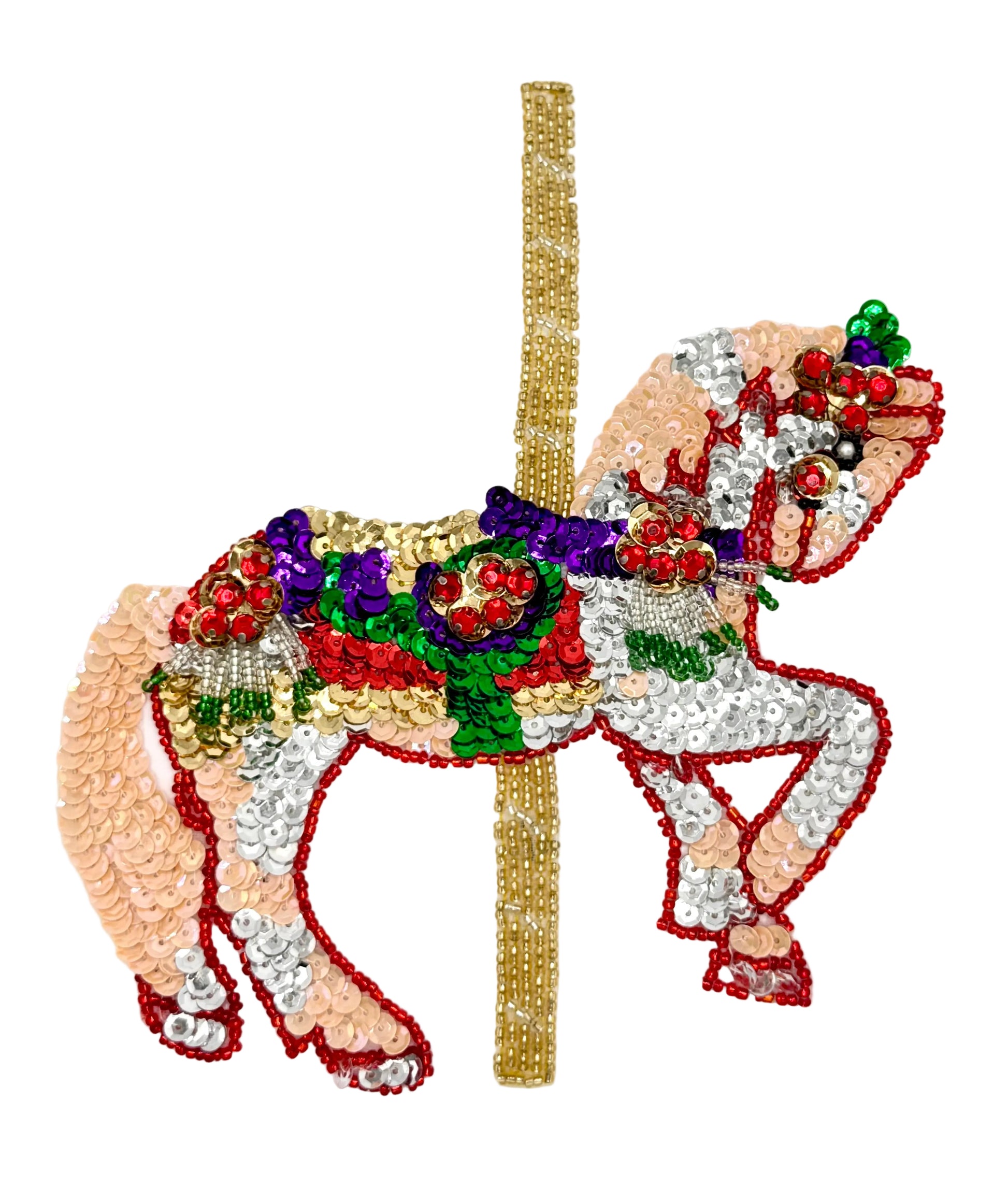 Sequin carousel horse patch with beads and sequins on a white background