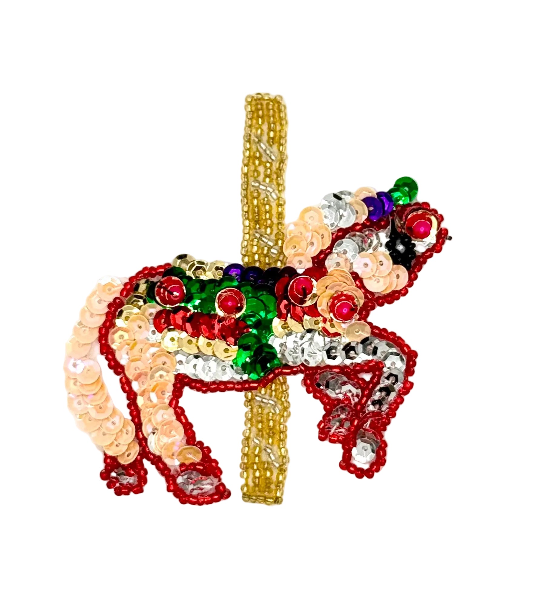 Sequin carousel horse with beads and sequins on a white background