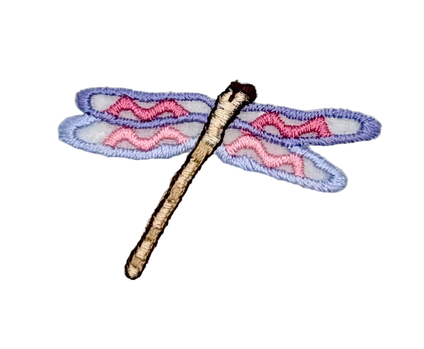 Embroidered dragonfly patch with pink and blue wings on a white background
