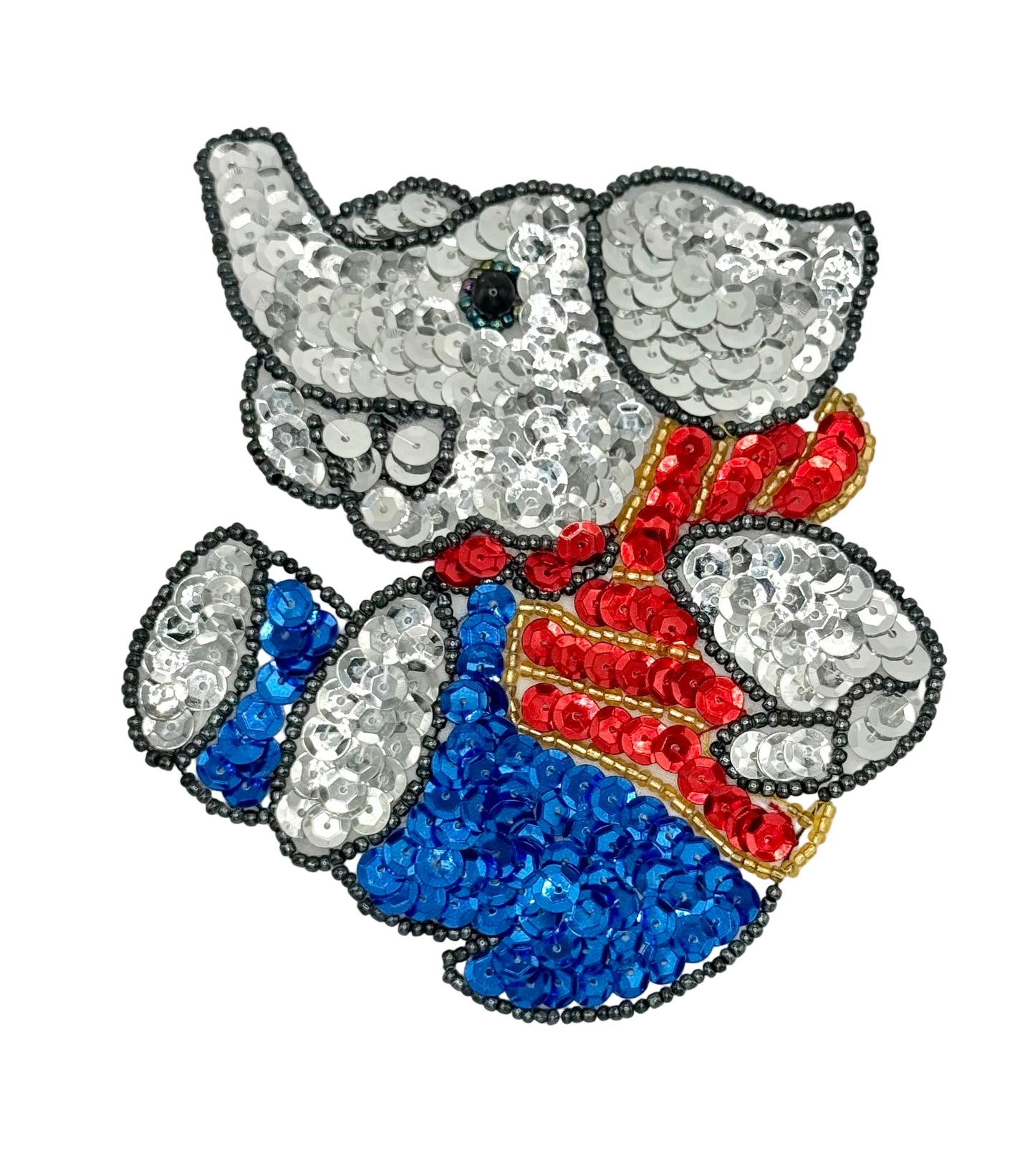 Sequined elephant patch with red, blue, and gold accents on a white background