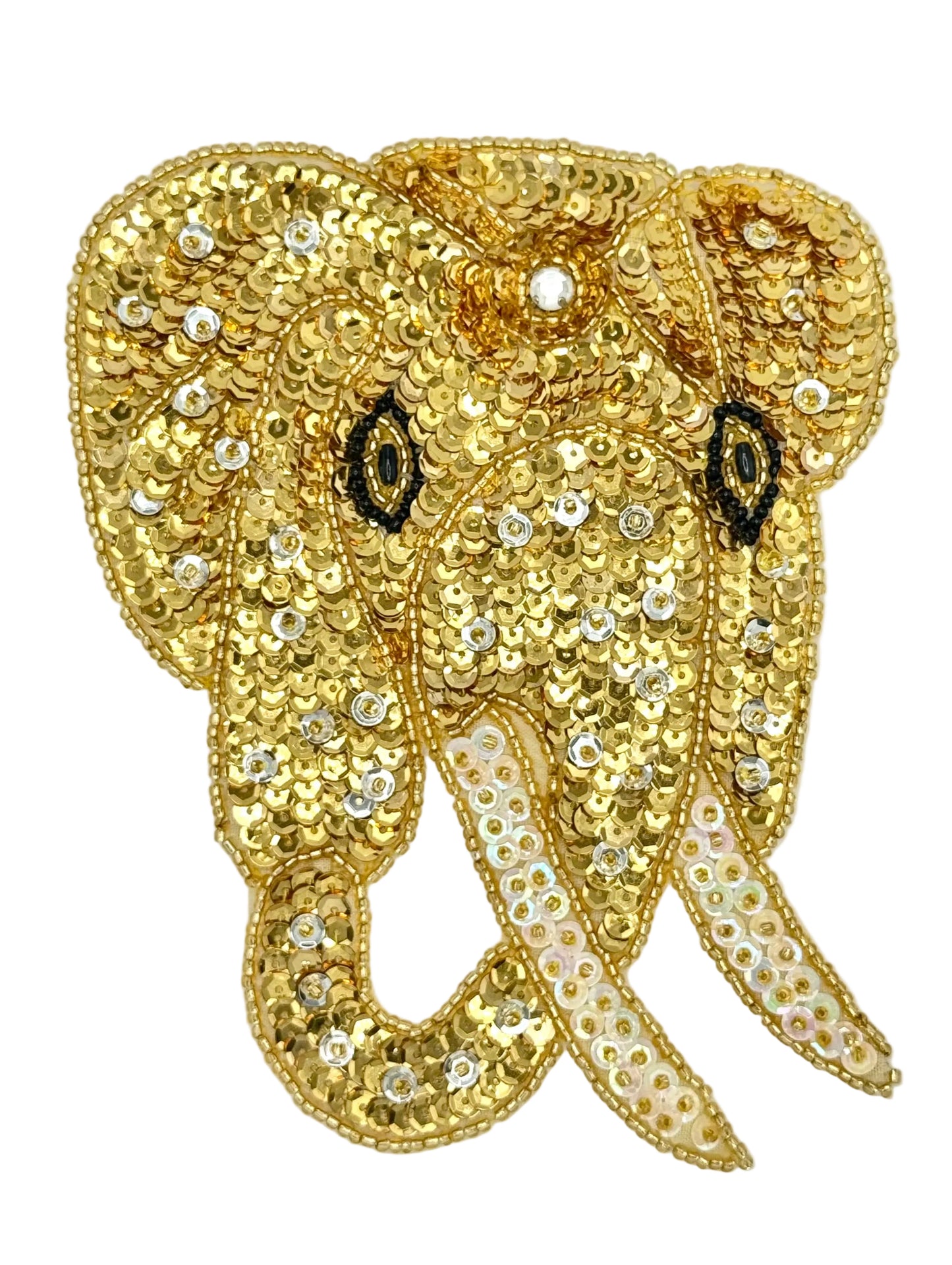 Gold sequin elephant patch on a white background