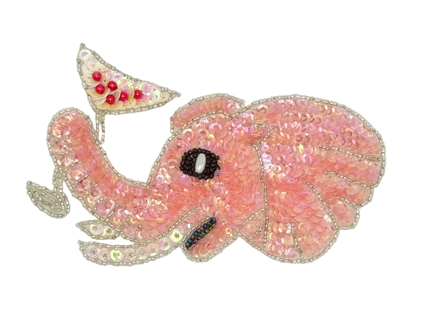 Pink elephant-shaped patch with a martini with sequins and beads on a white background