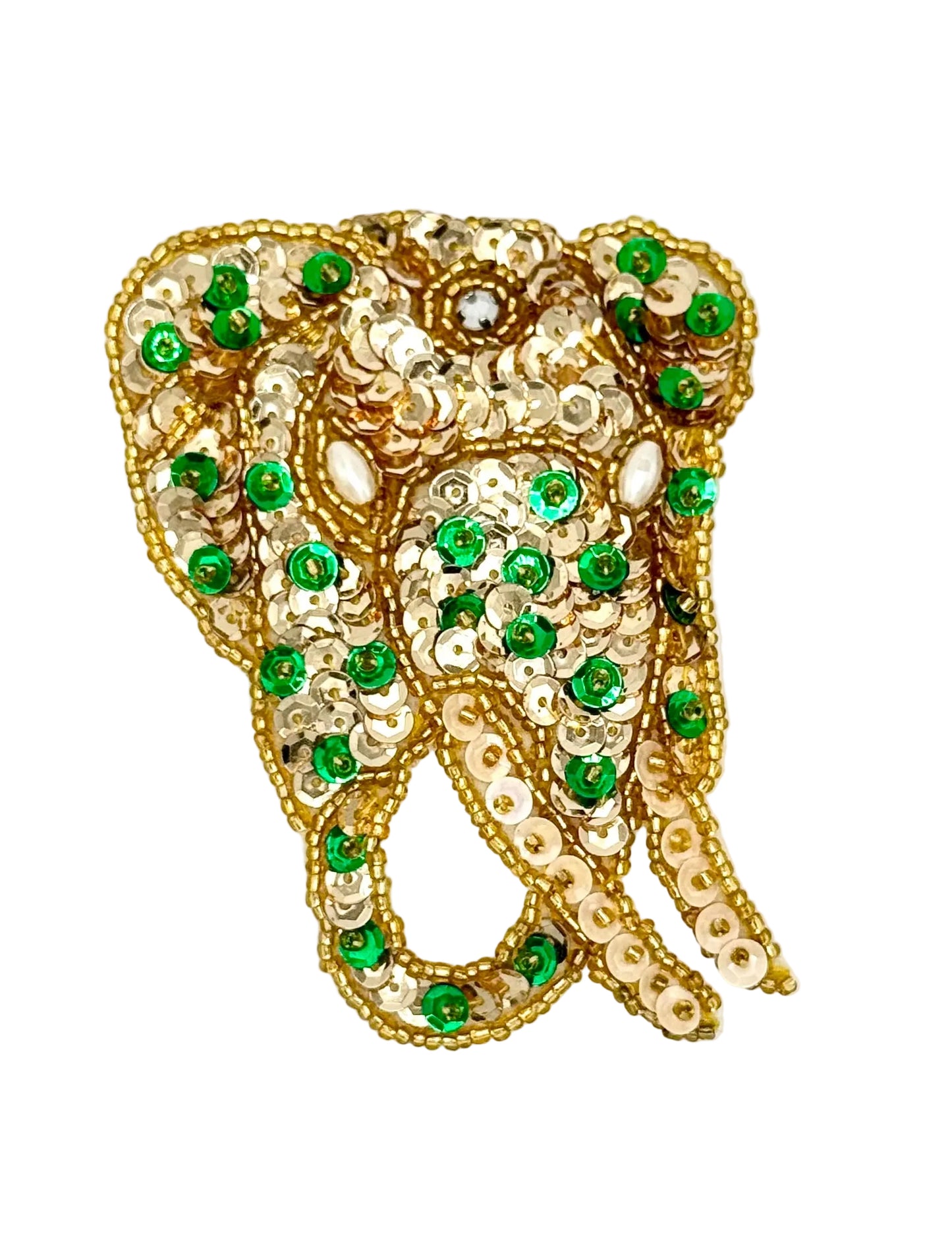 Sequin Elephant with gold, green, and white sequins on a white background