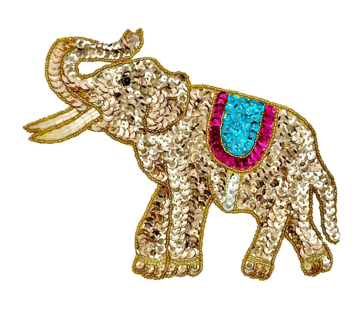 Sequined elephant with a turquoise and fuchsia saddle on a white background