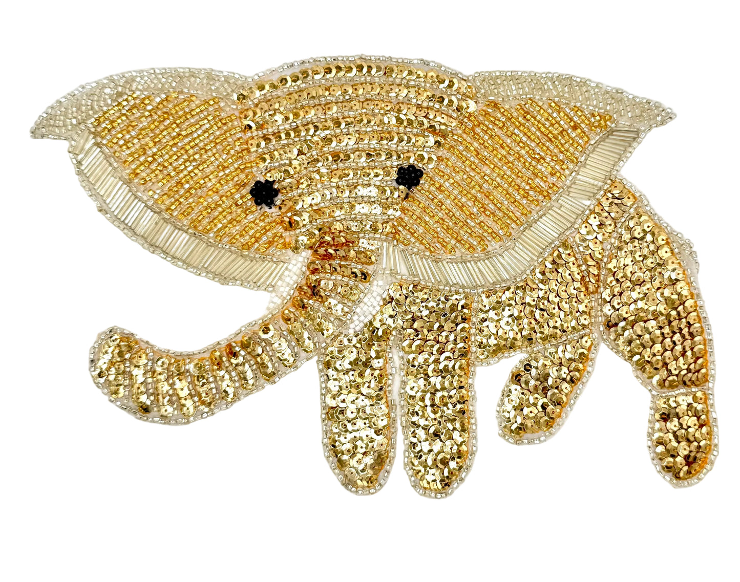 Gold sequin elephant patch on a white background