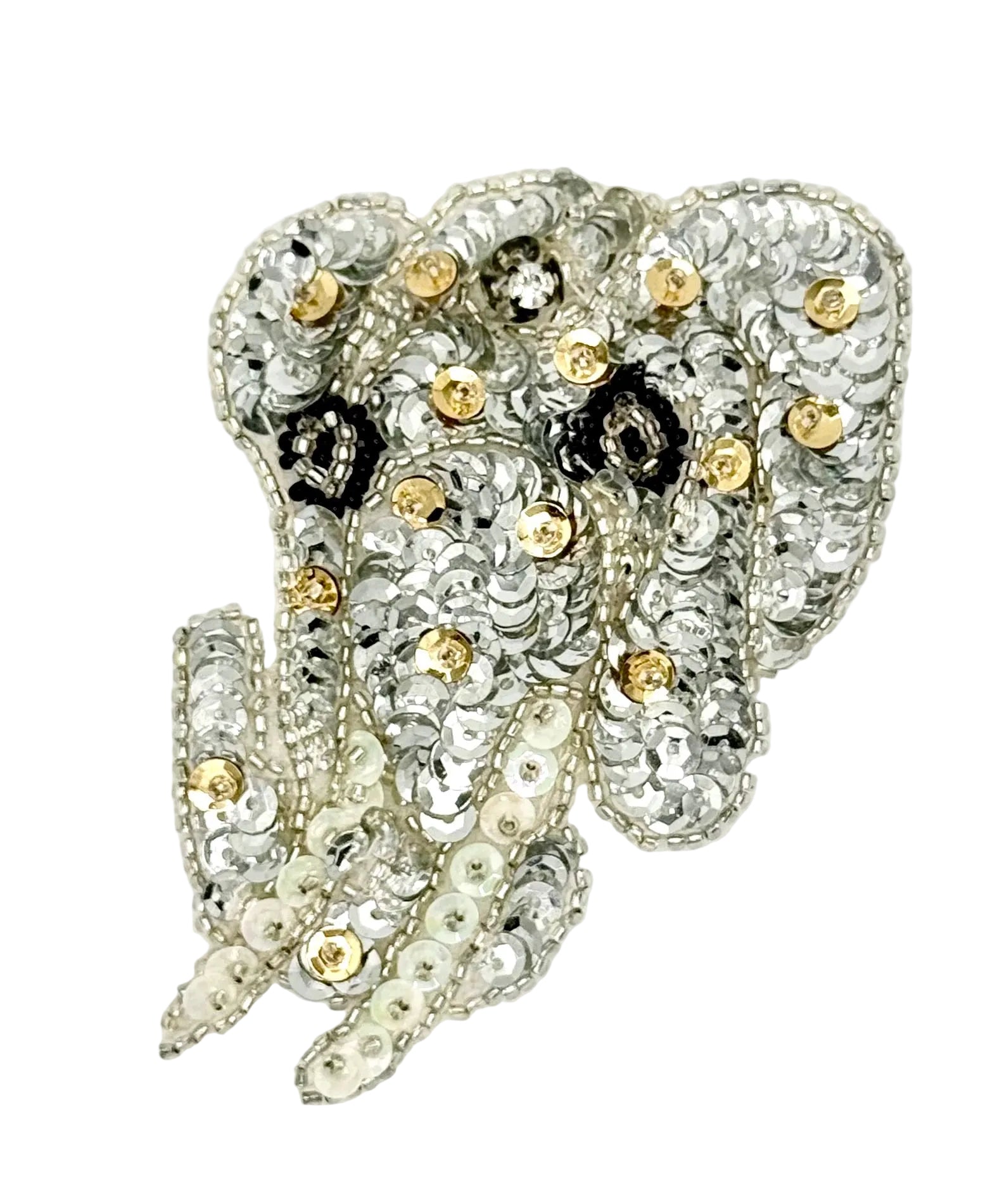 Sequin elephant with crystal and bead details on a white background