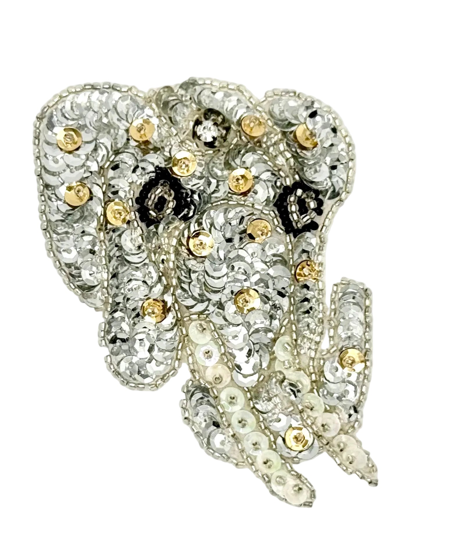 Sequin elephant with crystal and bead details on a white background