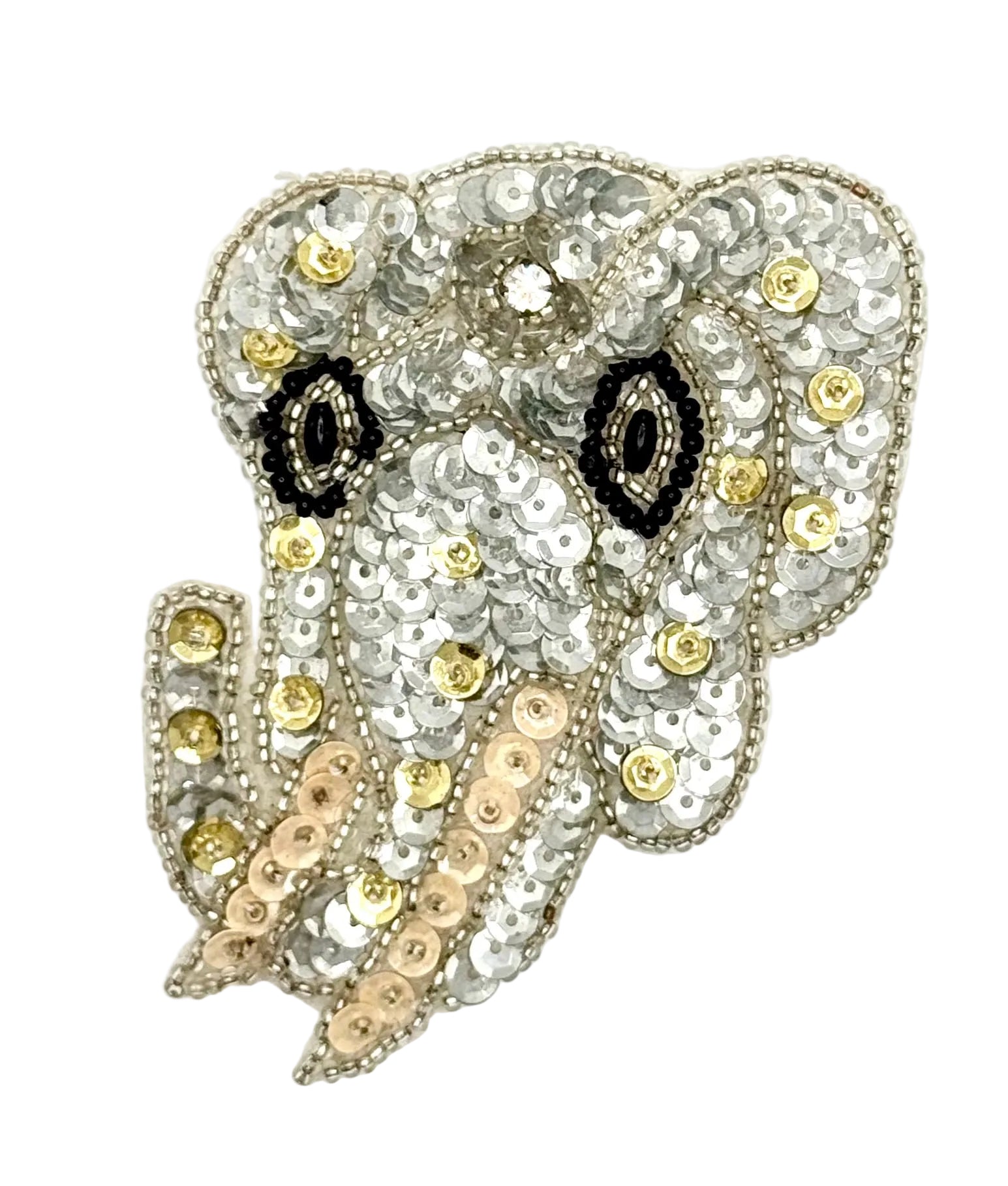 Sequin elephant with crystal and bead details on a white background