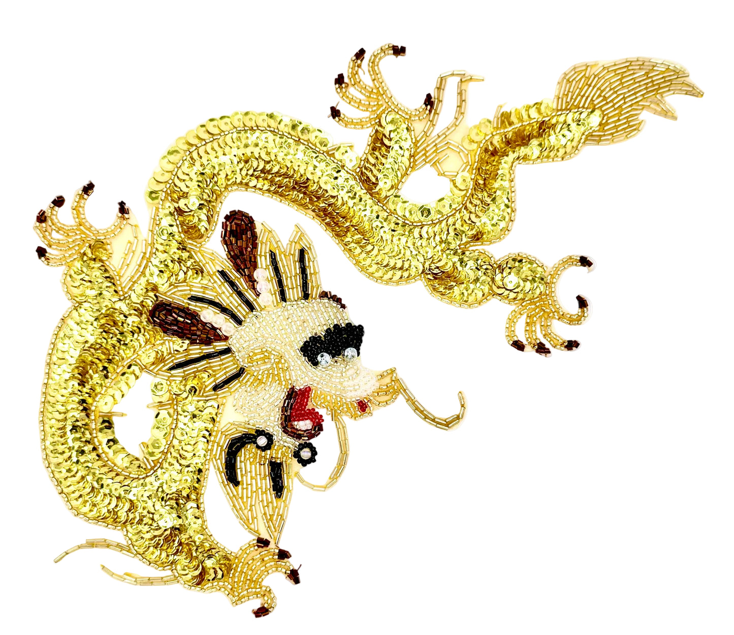 Bead and sequin gold dragon design on a white background