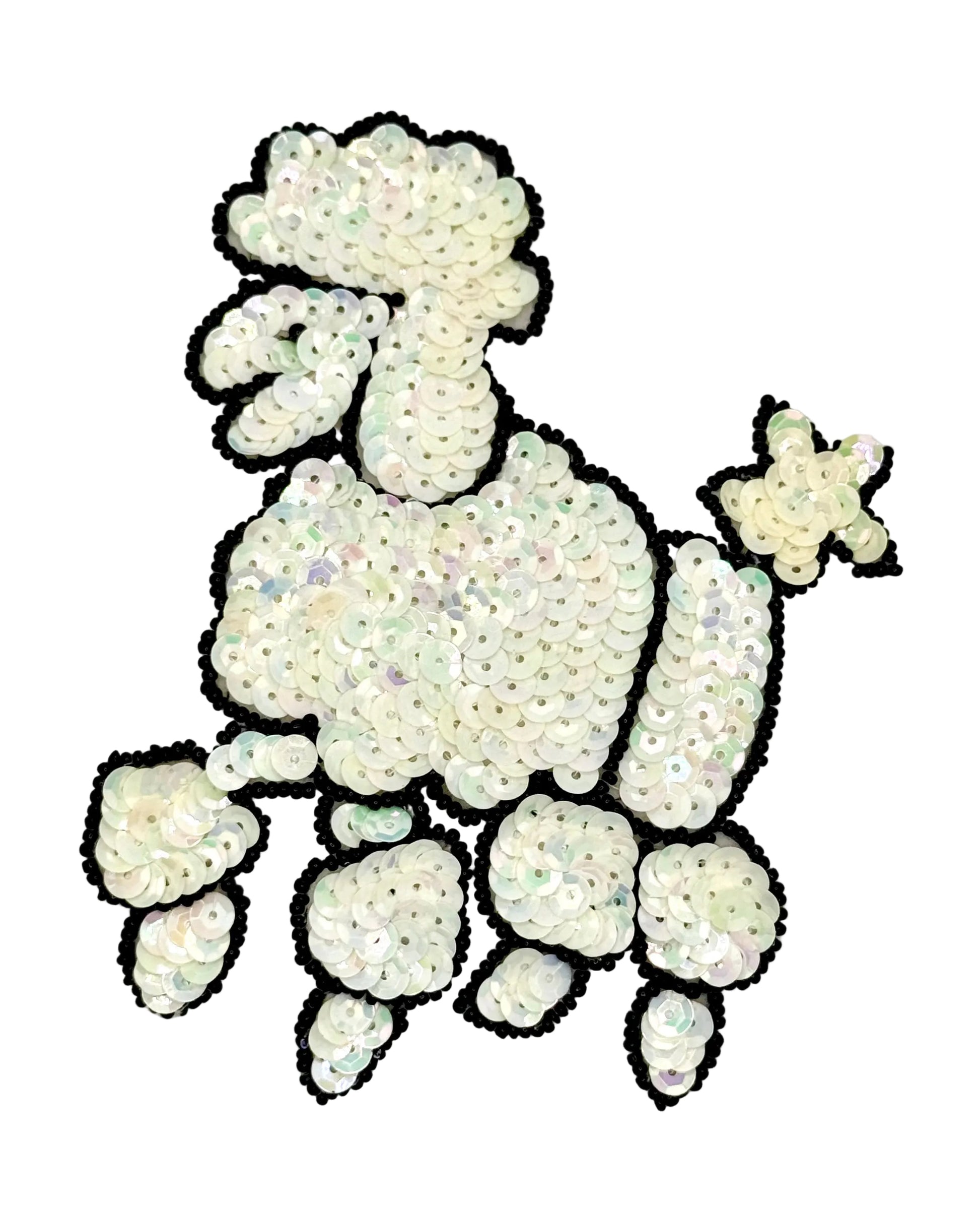 Sequined poodle patch on a white background