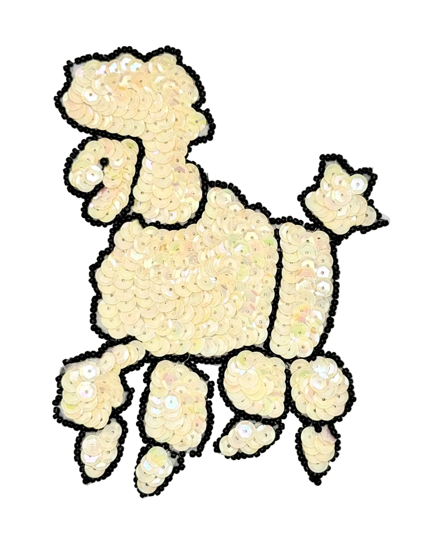 Sequined poodle patch on a white background