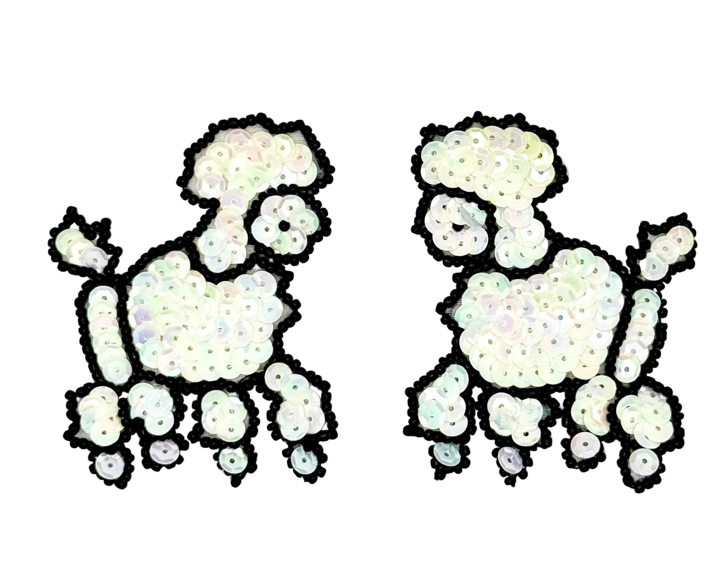 Pair of poodle patches with sequins and beads  on a white background