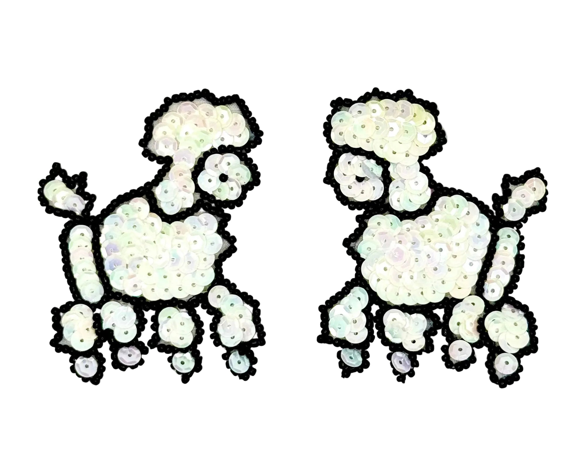 Pair of poodle patches with sequins and beads  on a white background