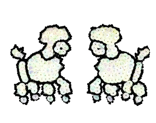 Pair of poodle patches with sequins and beads  on a white background