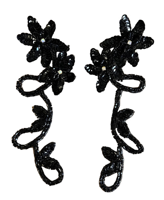 Par de flores con lentejuelas y cuentas negras y pedrería AB 20,3 cm x 8,9 cm cada lado