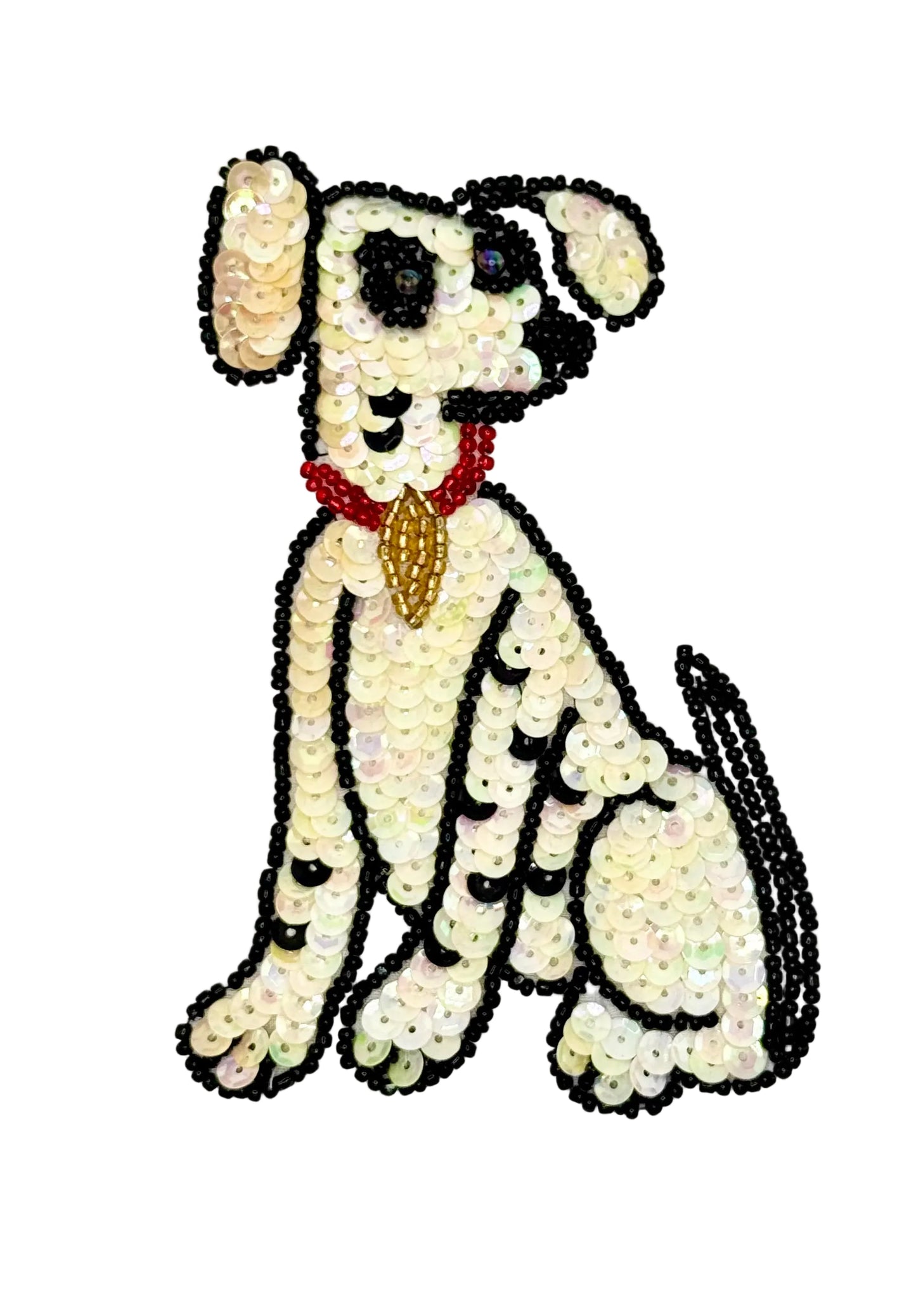 Sequined Dalmatian dog patch with a red collar on a white background