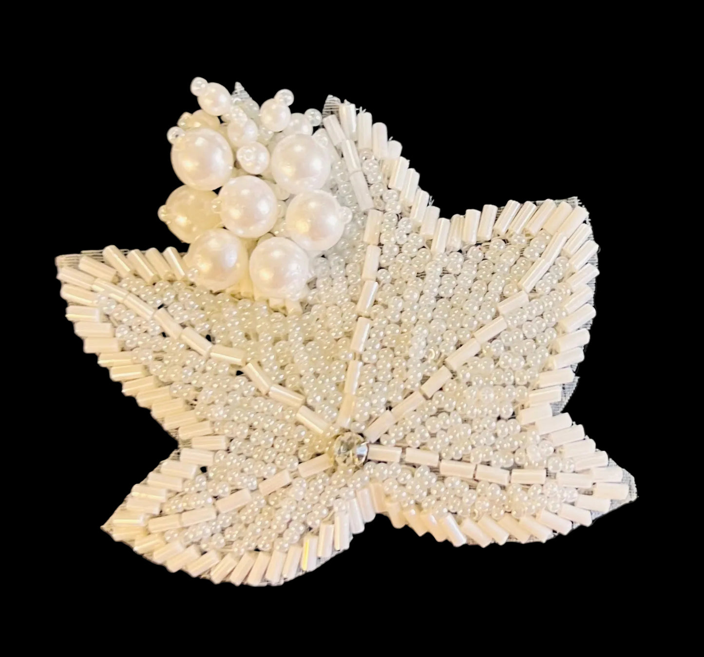 Leaf Epaulet with White Beads, Cluster of Pearls and Center Rhinestone 3" x 3"