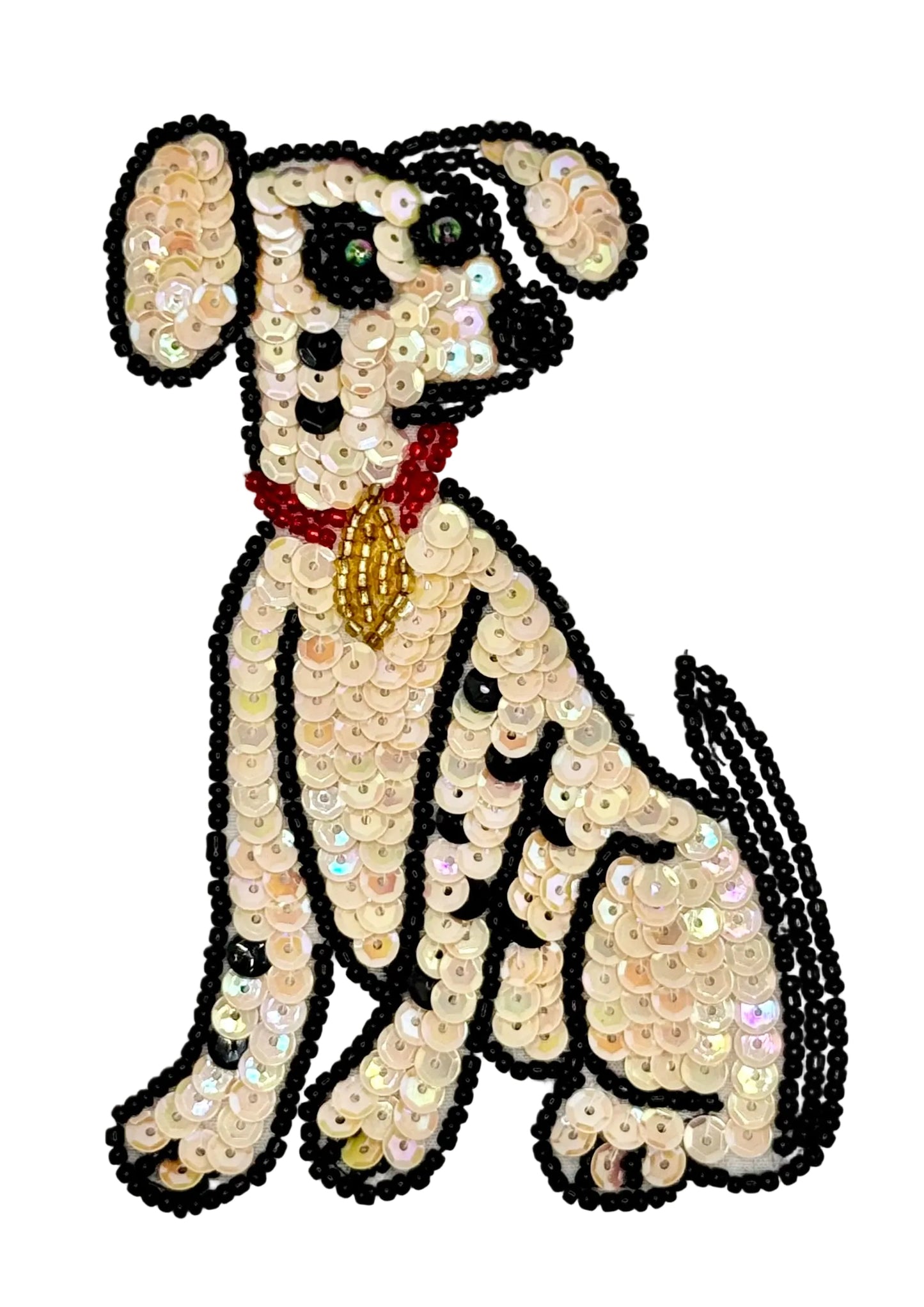 Sequined dalmatian dog patch with a red collar on a light gray background