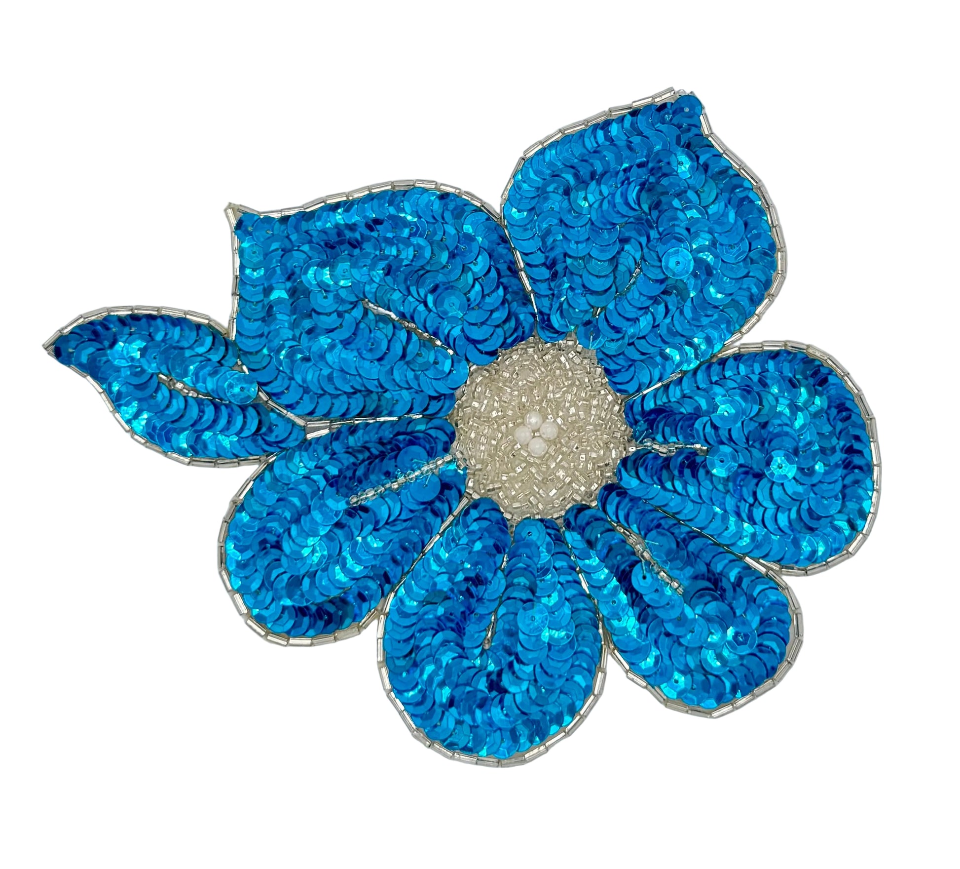 Turquoise sequin flower patch on a white background