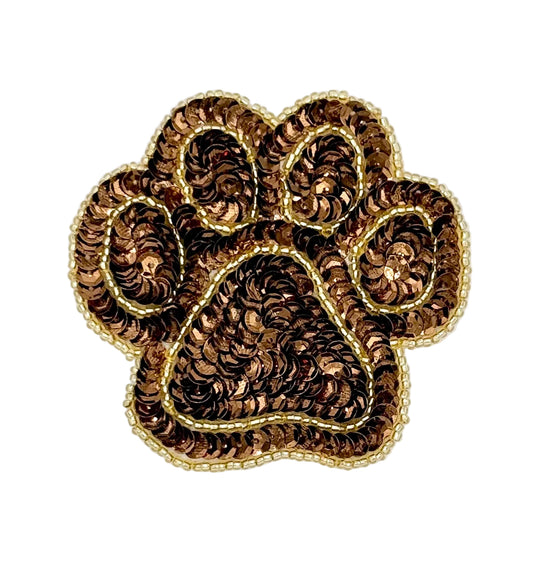 Gold and bronze paw print design on a white background