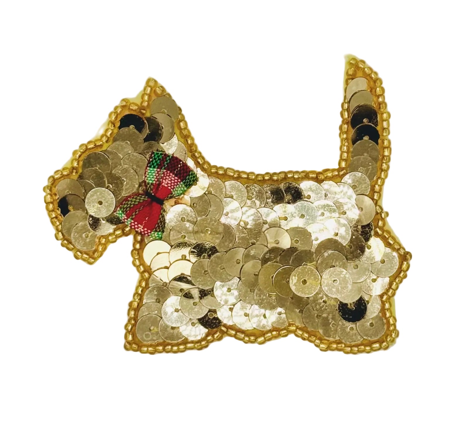 Sequined scottie dog patch with a tartan bow on a white background