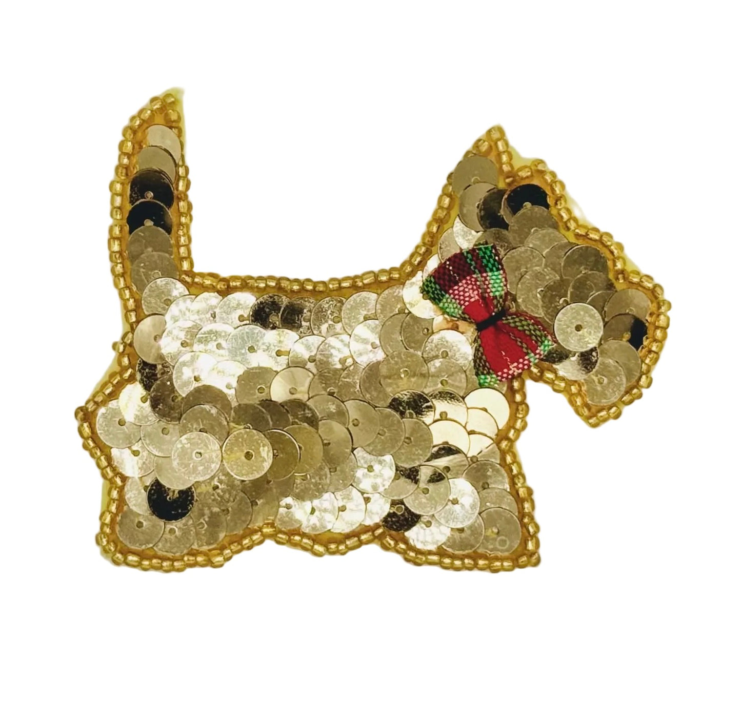Gold Scottie Dog with Tartan Bow - Sequins and Beads  - 3" x 2.5"