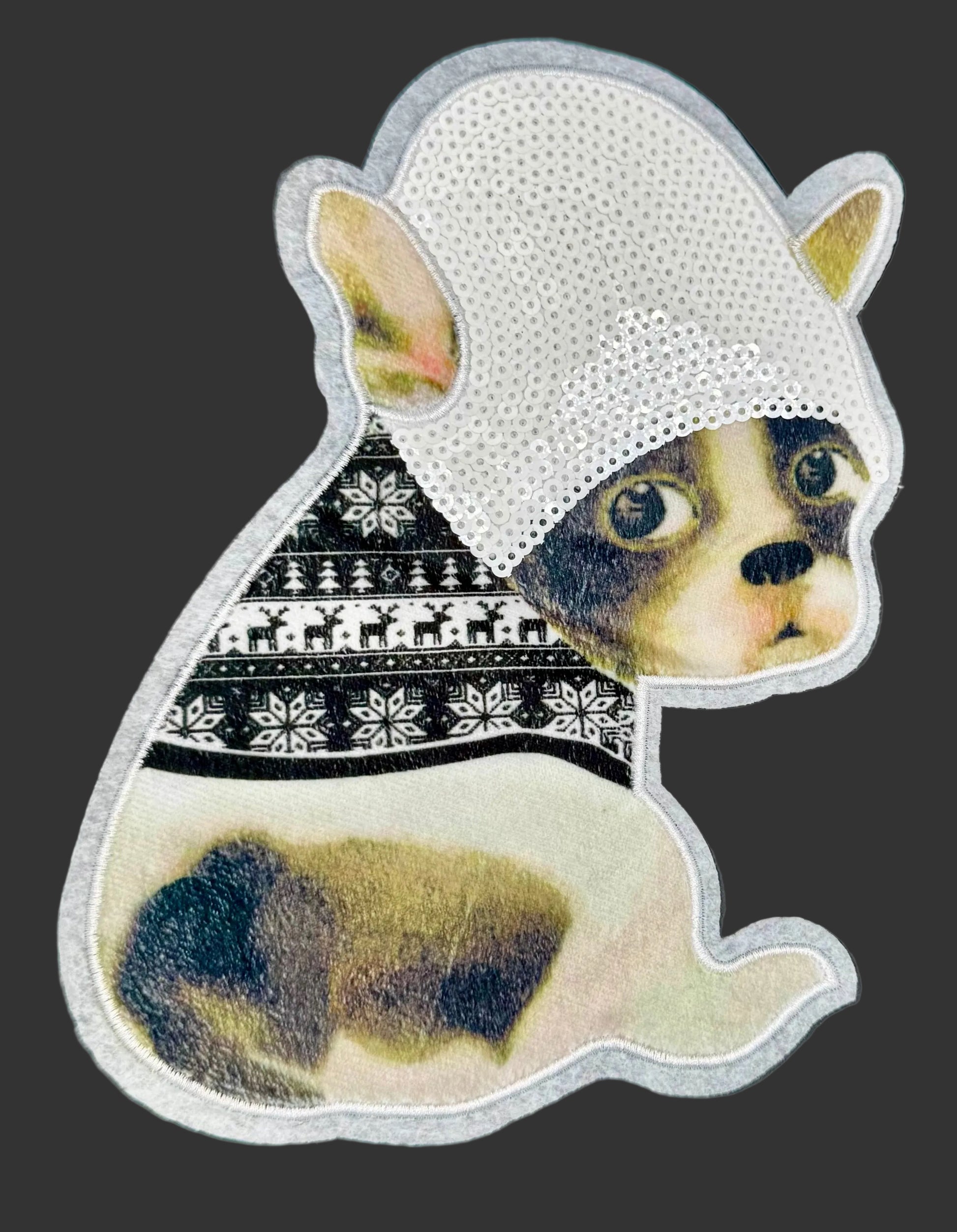 Sequin Dog with a patterned sweater on a dark background