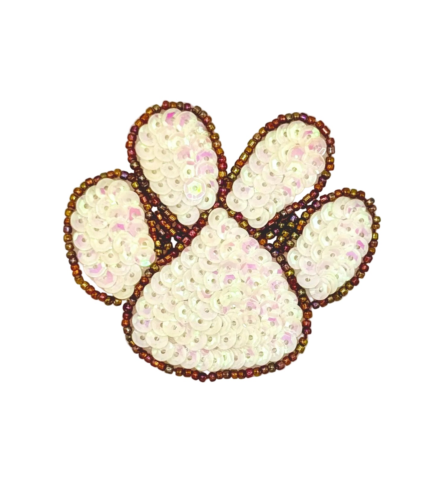 Decorative paw print with sequin and bead embellishments on a white background