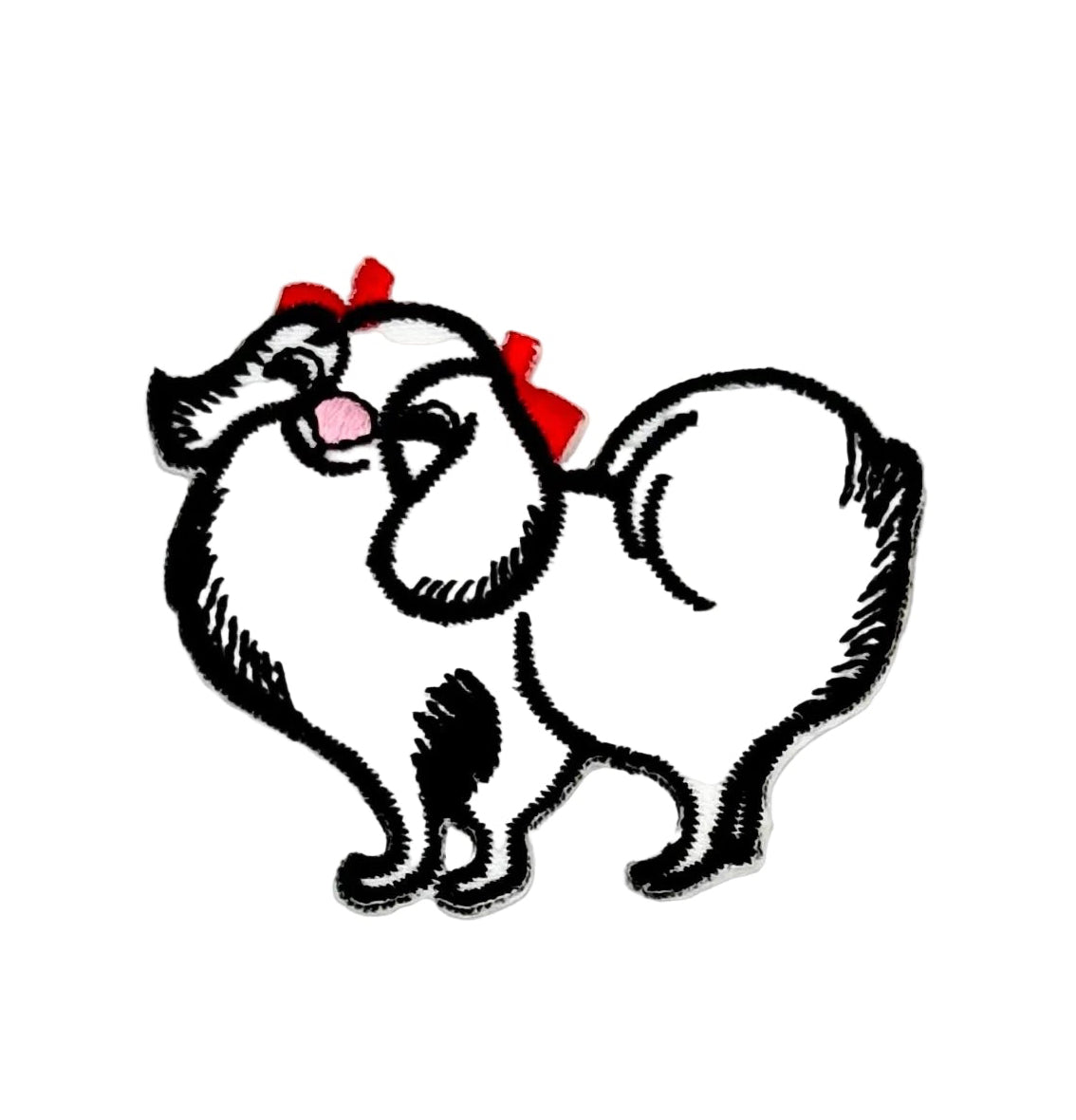 Cartoon dog with a red bow on a white background