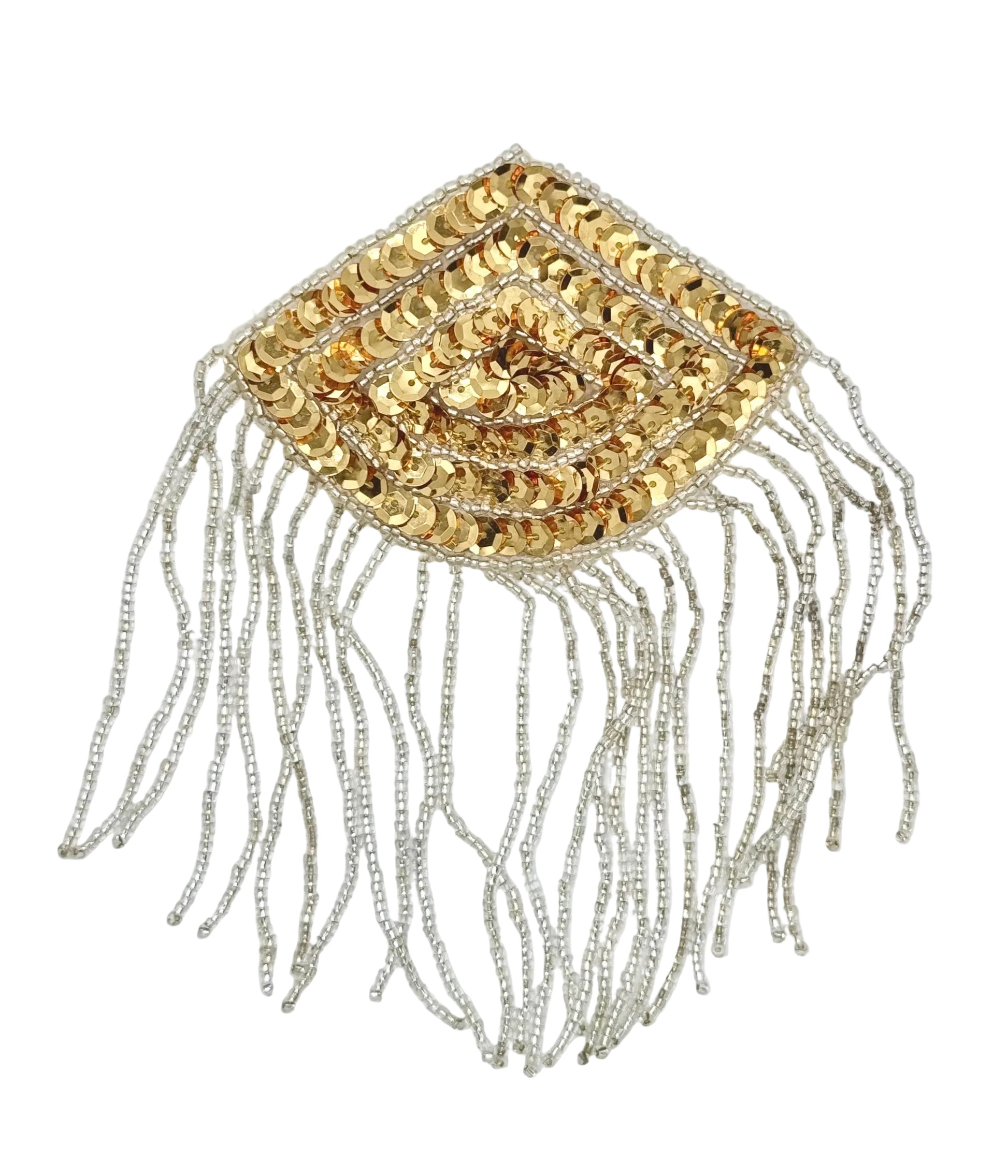 Gold sequin epaulet with silver fringe on a white background