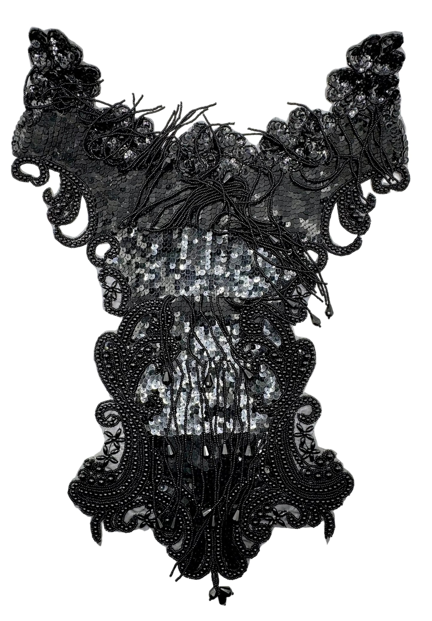 Black sequin and bead embellished bodice on a white background